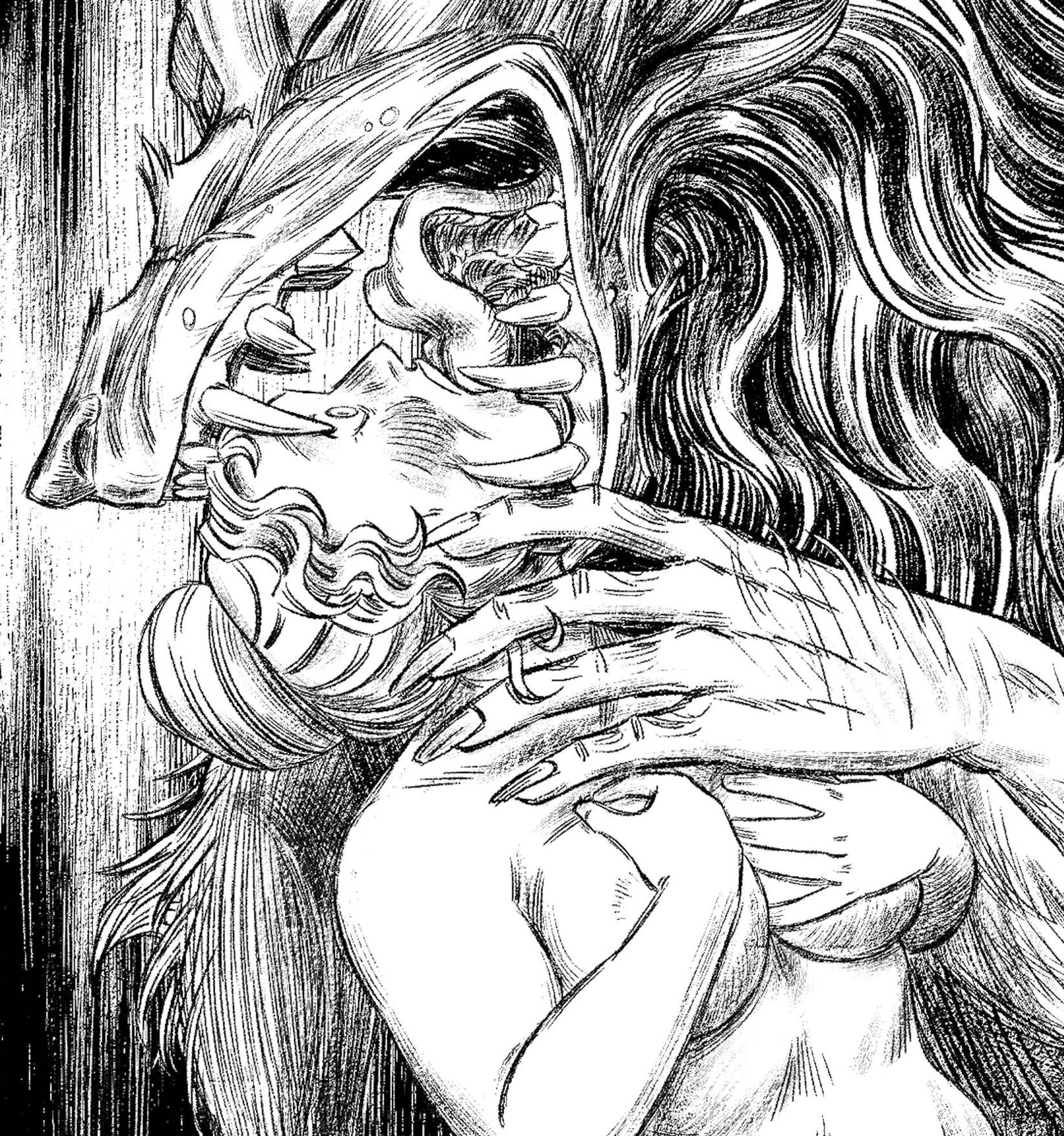 crop of a black and white digital illustration of a wolf beast holding a woman's face in his jaws as he shoves his tongue into her mouth. She reels, eyes open with surprise, as she clutches her bare breasts.