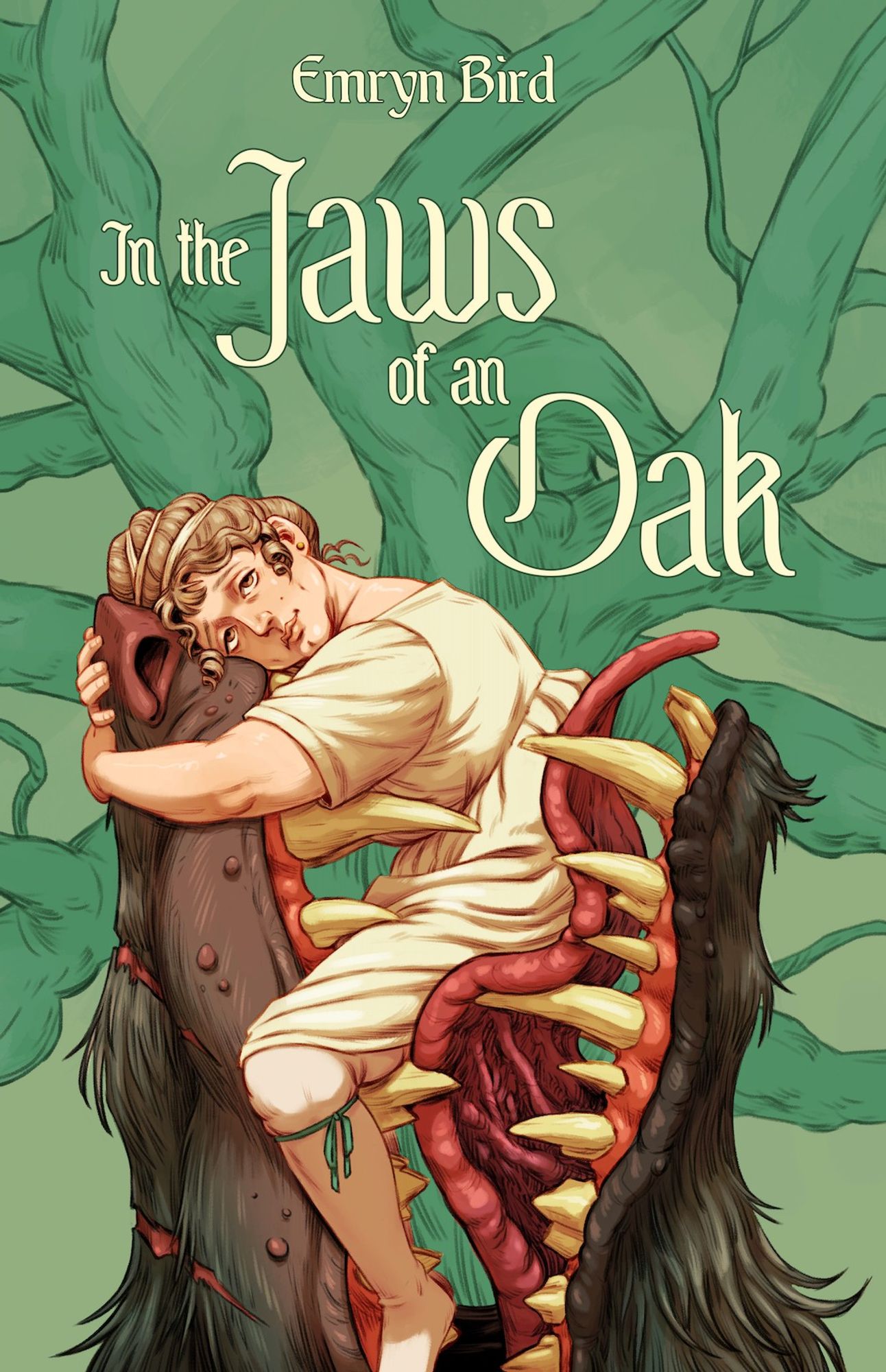 cover for the novella In the Jaws of an Oak where a mid-size woman in a plain chemise sits in the mouth of a monstrous wolf while hugging the upper jaw, resting her head against his nose with a smile.