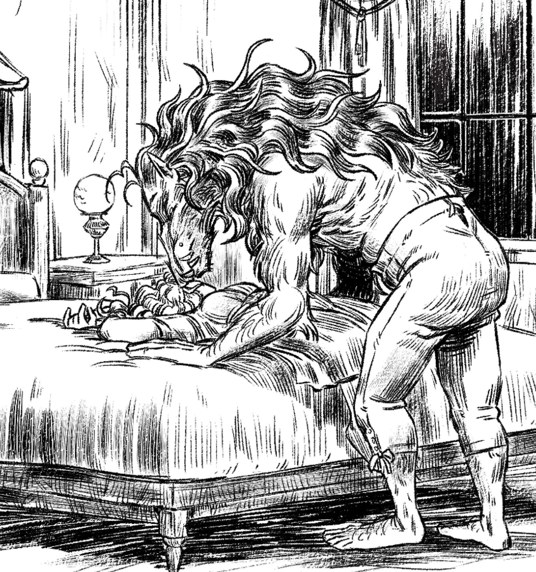 crop of digital ink illustration: a large wolven beast wearing only a pair of regency, calf-length trousers bends over a woman lying on a bed