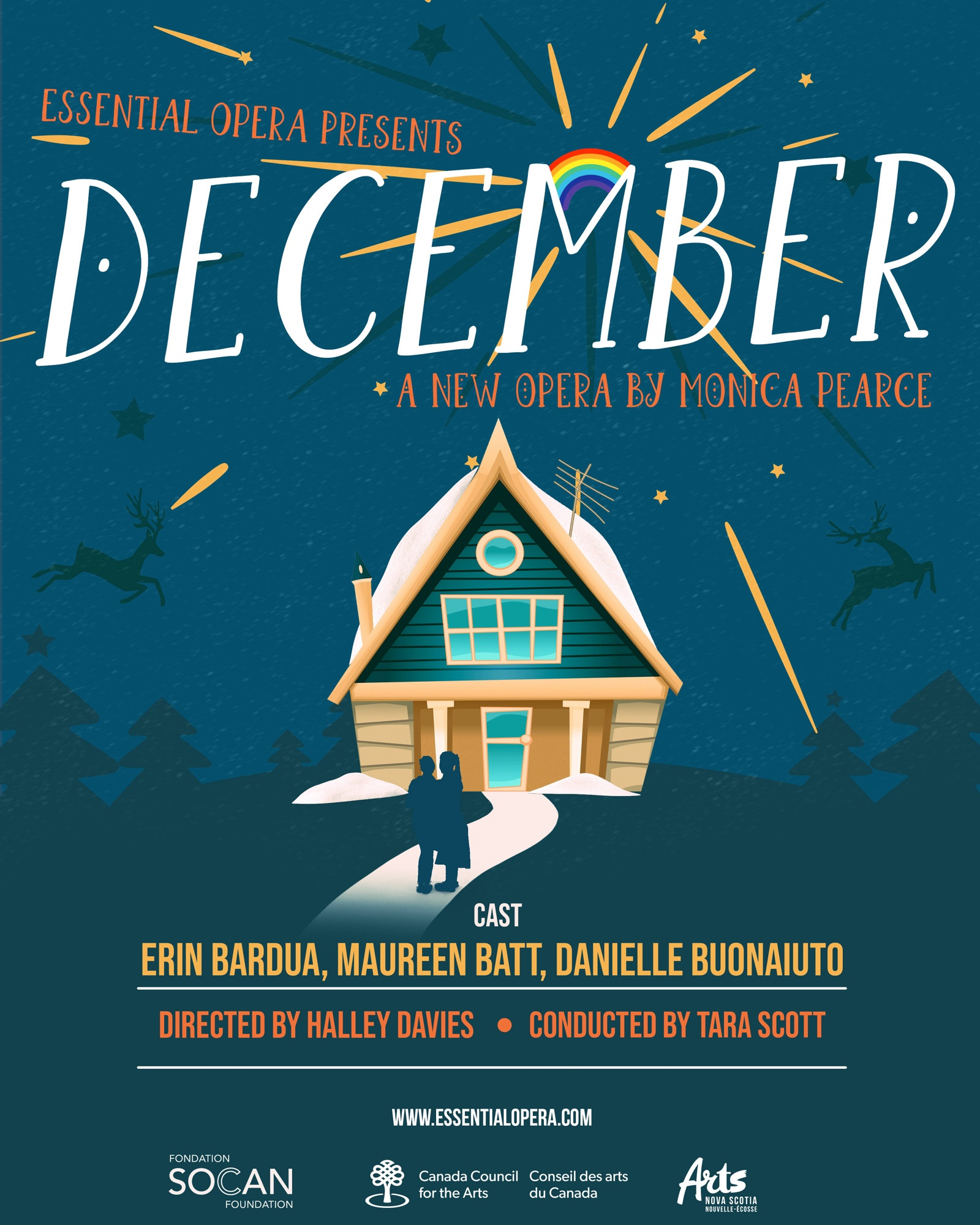 Multi-coloured poster that reads Essential Opera presents December a new opera by Monica Pearce. Cast: Erin Bardua, Maureen Batt, Danielle Buonaiuto. Directed by Halley Davies. Conducted by Tara Scott. Www.essentialopera.com. Logos for SOCAN Foundation, Canada Council for the Arts, Arts Nova Scotia. 

There’s a house in the middle with two figures in the walkway leading to the house.  There are trees and reindeer in the background. And a rainbow is inside the letter M.