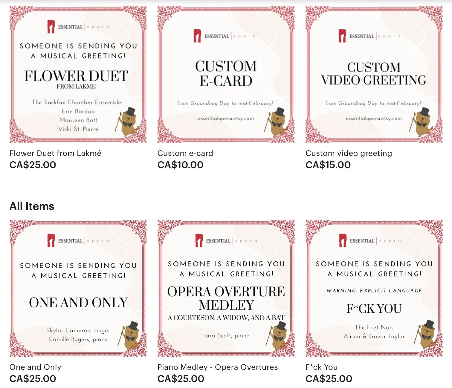 Screenshot of digital downloads available in Essential Opera's etsy store, such as: Flower Duet, Custom e-card, Custom video greeting, One and Only, Opera Overture Medley, F*ck You.