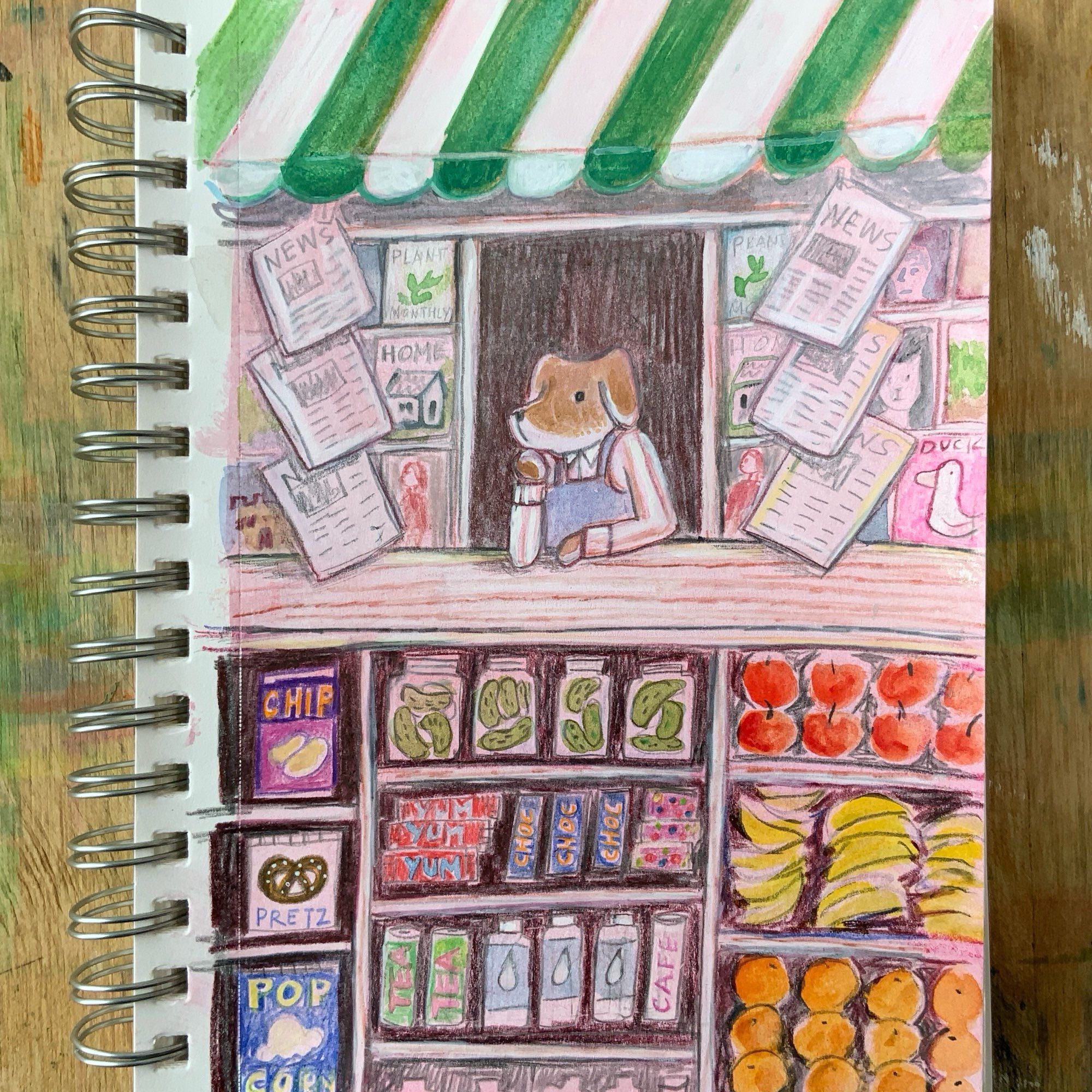 Sketchbook page with a drawing of a dog behind the counter of a shop. The dog has on a blue apron and is gazing into the distance. The shop is a newsstand with some snacks and fruit under the front counter.