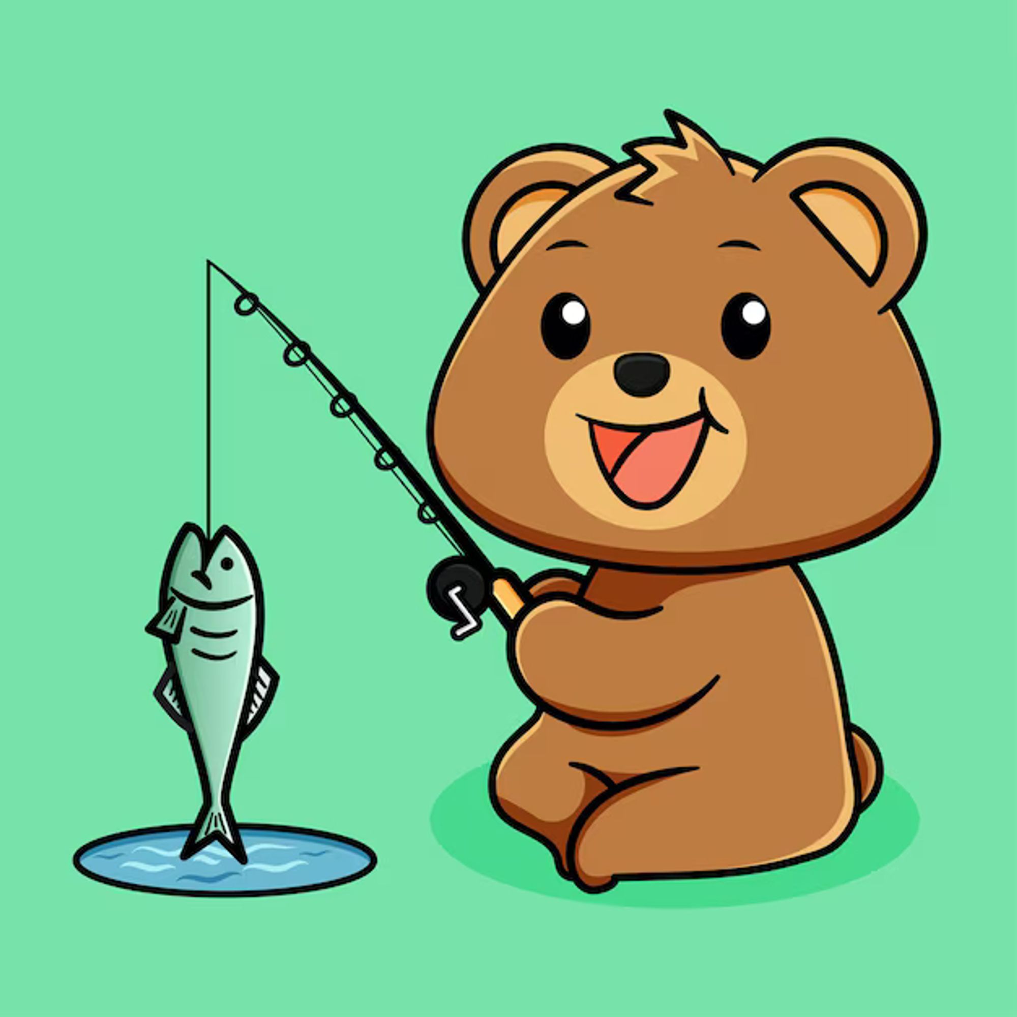 A simple cartoon of a small very happy bear with a fishing pole pulling a little green fish out of an impossibly small circle of water. I don't actually know why people keep calling Gail a bear but she seems to go along with it and I'm just happy to be here.