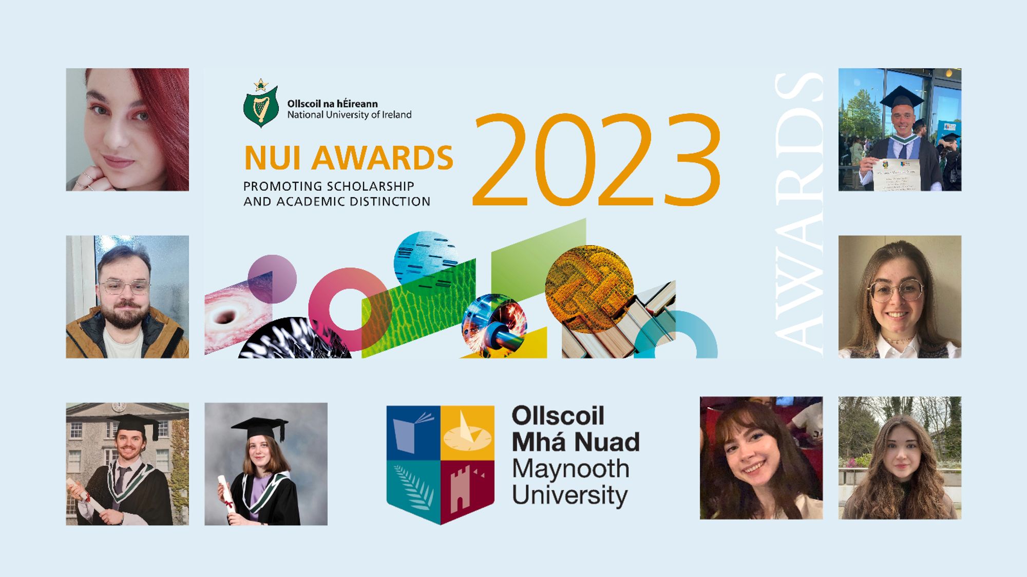 The NUI Awards masthead with the Maynooth University logo below with some headshots of recipients from MU surrounding these on a pale blue background