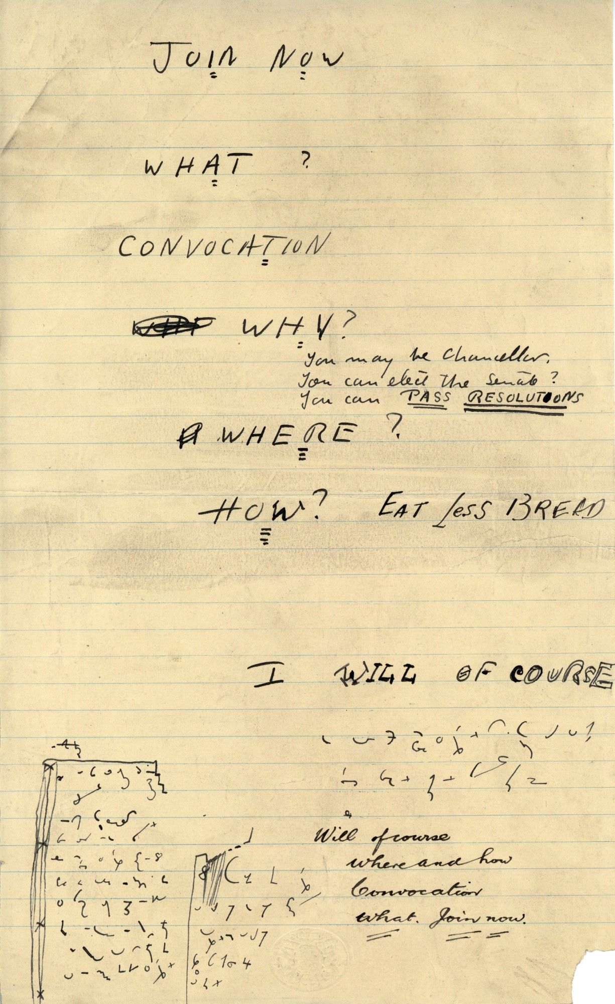 A yellowed piece of paper with doodles on it, which read:

JOIN NOW
WHAT?
CONVOCATION
WHY?
You may be Chancellor.
You can elect the Senate?
You can pass resolutions.
WHERE?
HOW? Eat less bread.

I WILL OF COURSE.

Will of course.
Where and how
Convocation
What. Join now.