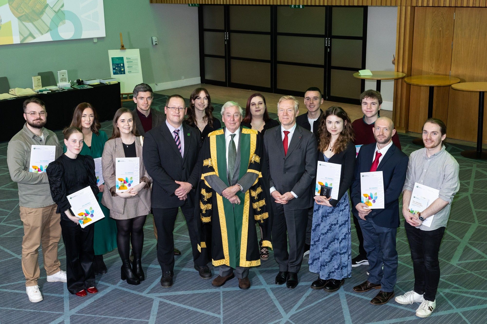 Patrick O'Leary, Maurice Manning and His Excellency Vincent Guérend with the award recipients from Maynooth University