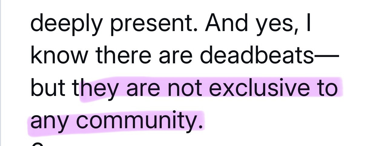 Screenshot of a section of the previous post with the following words highlighted in purple: they are not exclusive to any community.