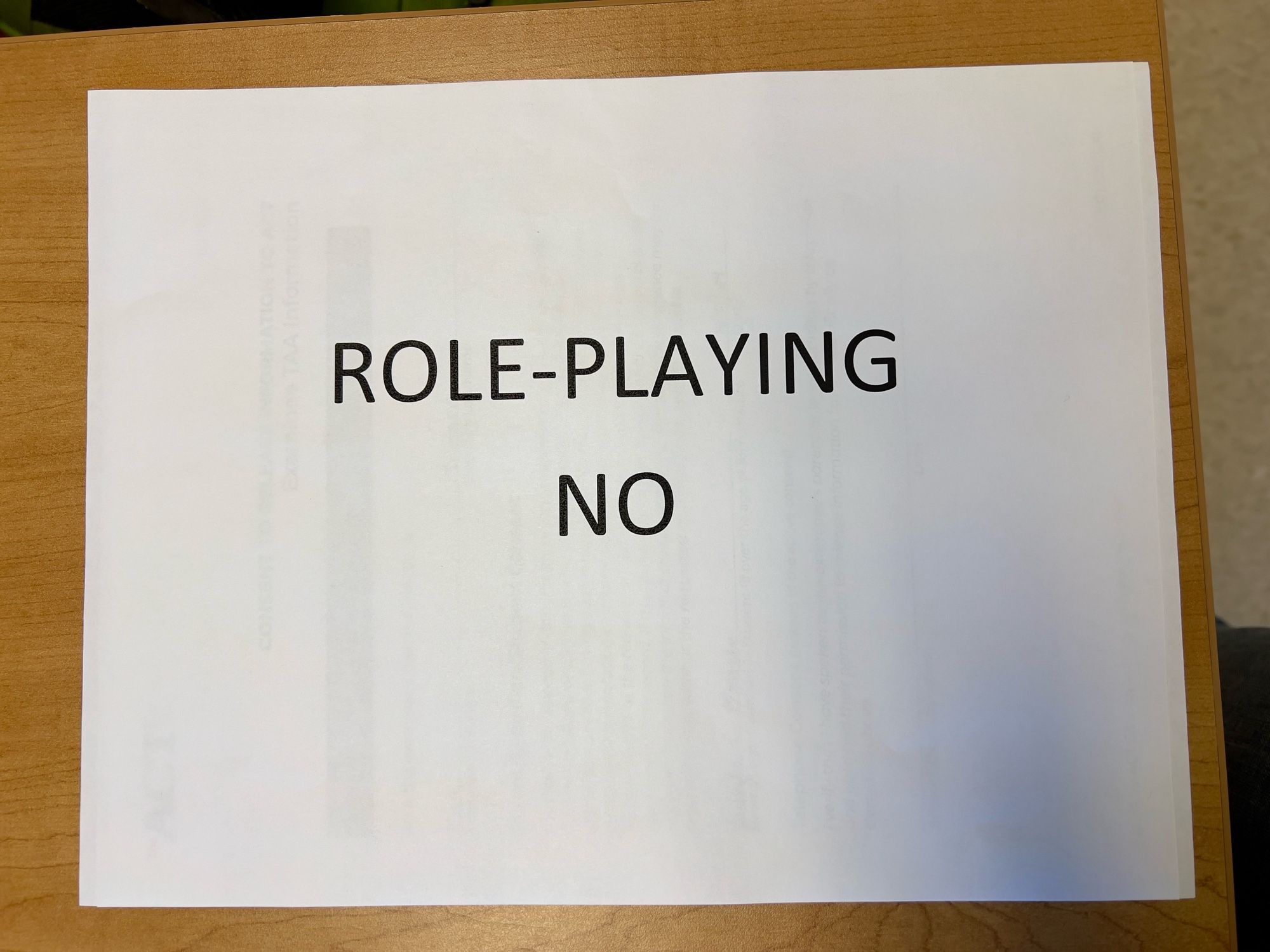 A piece of paper with the words role-playing on one line and no on the next