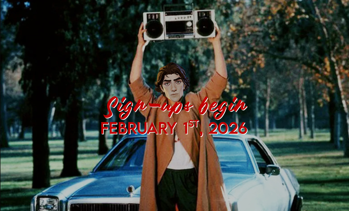 an image of john cusack from the film say anything. the head of viktor from arcane is photoshopped over john's head. red and white text reads, "sign-ups begin February 1st, 2026"