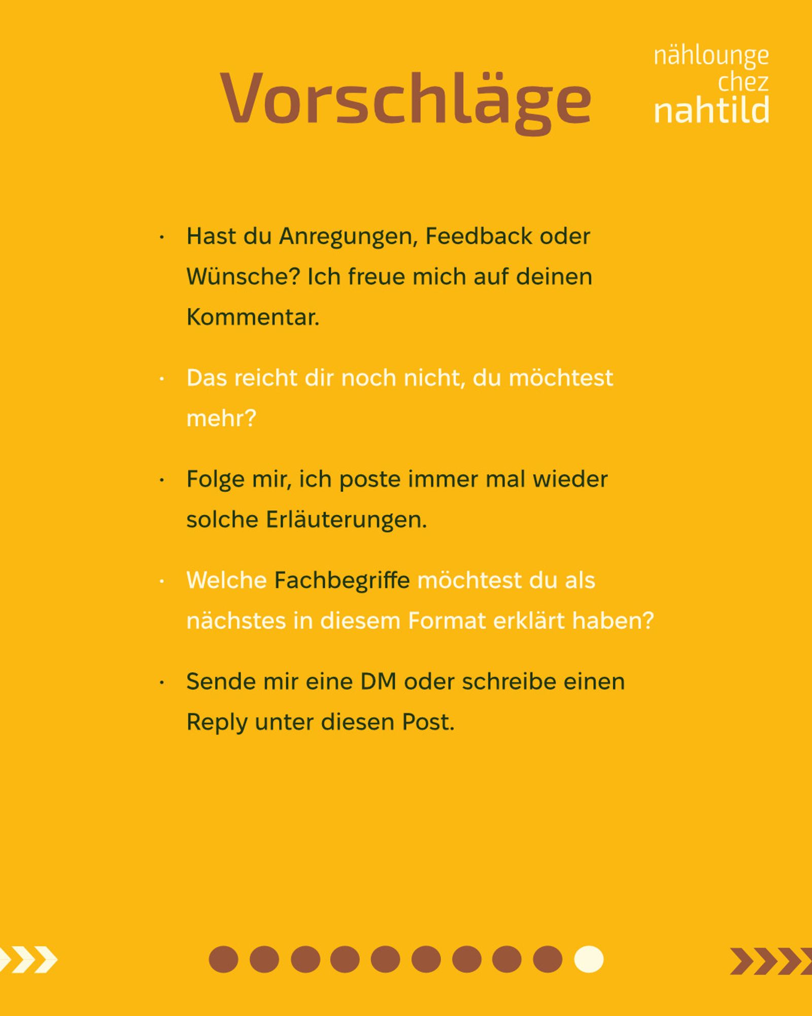 Vorschläge?

•	Hast du Anregungen, Feedback oder Wünsche? Ich freue mich auf deinen Kommentar.
•	Das reicht dir noch nicht, du möchtest mehr? 
•	Folge mir, ich poste immer mal wieder solche Erläuterungen. 
•	Welche Fachbegriffe möchtest du als nächstes in diesem Format erklärt haben?
•	Sende mir eine DM oder schreibe einen Reply unter diesen Post.