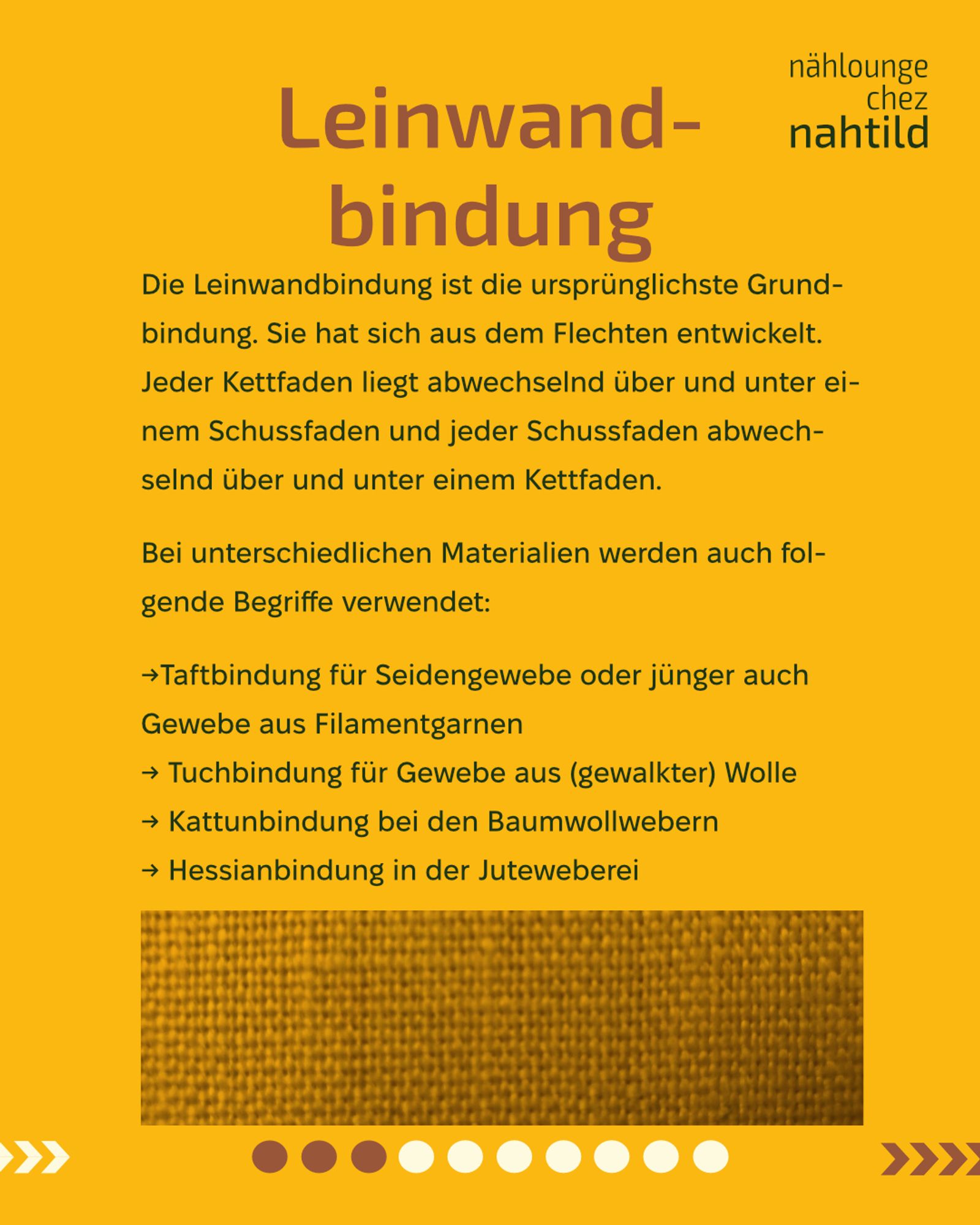 Unten am Text ist ein Bild eines Leinwandbindigen Gewebes. TEXT: Leinwandbindung. Die Leinwandbindung ist die ursprünglichste Grundbindung. Sie hat sich aus dem Flechten entwickelt. Jeder Kettfaden liegt abwechselnd über und unter einem Schussfaden und jeder Schussfaden abwechselnd über und unter einem Kettfaden.  Bei unterschiedlichen Materialien werden auch folgende Begriffe verwendet:  * Taftbindung für Seidengewebe oder jünger auch Gewebe aus Filamentgarnen * Tuchbindung für Gewebe aus (gewalkter) Wolle * Kattunbindung bei den Baumwollwebern * Hessianbindung in der Juteweberei