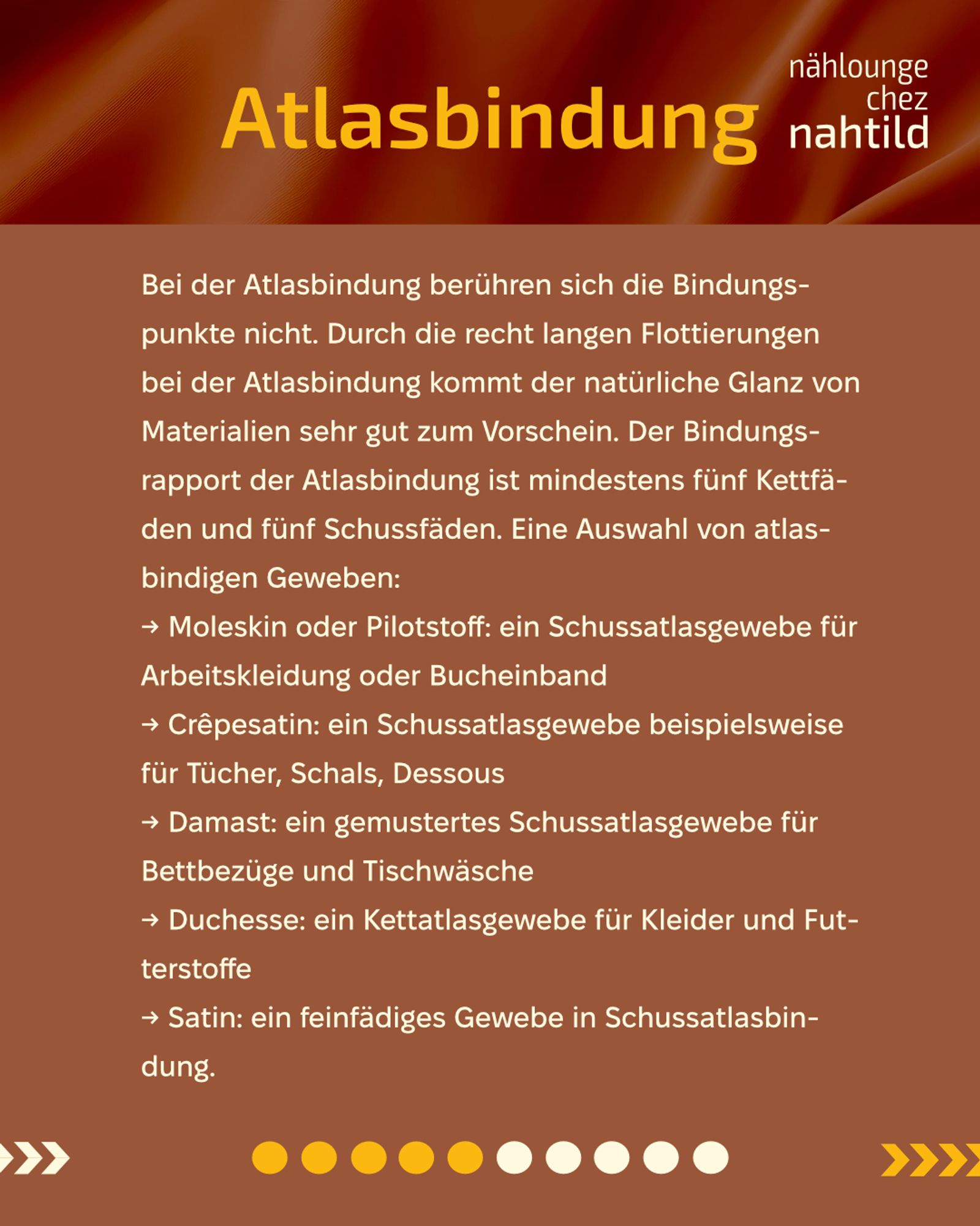 Unter dem Titel ist im Hintergrund ein Satingewebe zu sehen. TEXT:  Atlasbindung : Bei der Atlasbindung berühren sich die Bindungspunkte nicht, das ist die charakteriestische Eigenart von Atlasgewebe. Durch die recht langen Flottierungen bei der Atlasbindung kommt der natürliche Glanz von Materialien sehr gut zum Vorschein. Der Bindungsrapport der Atlasbindung ist mindestens fünfbindig, also fünf Kettfäden und fünf Schussfäden im Rapport.  Eine Auswahl von atlasbindigen Geweben: * Moleskin oder Pilotstoff: ein Schussatlasgewebe für Arbeitskleidung oder Bucheinband * Crêpesatin: ein Schussatlasgewebe beispielsweise für Tücher, Schals, Dessous * Damast: ein Schussatlasgewebe für Bettbezüge und Tischwäsche * Duchesse: ein Kettatlasgewebe für Kleider und Futterstoffe * Satin: ein feinfädiges Gewebe in Schussatlasbindung.