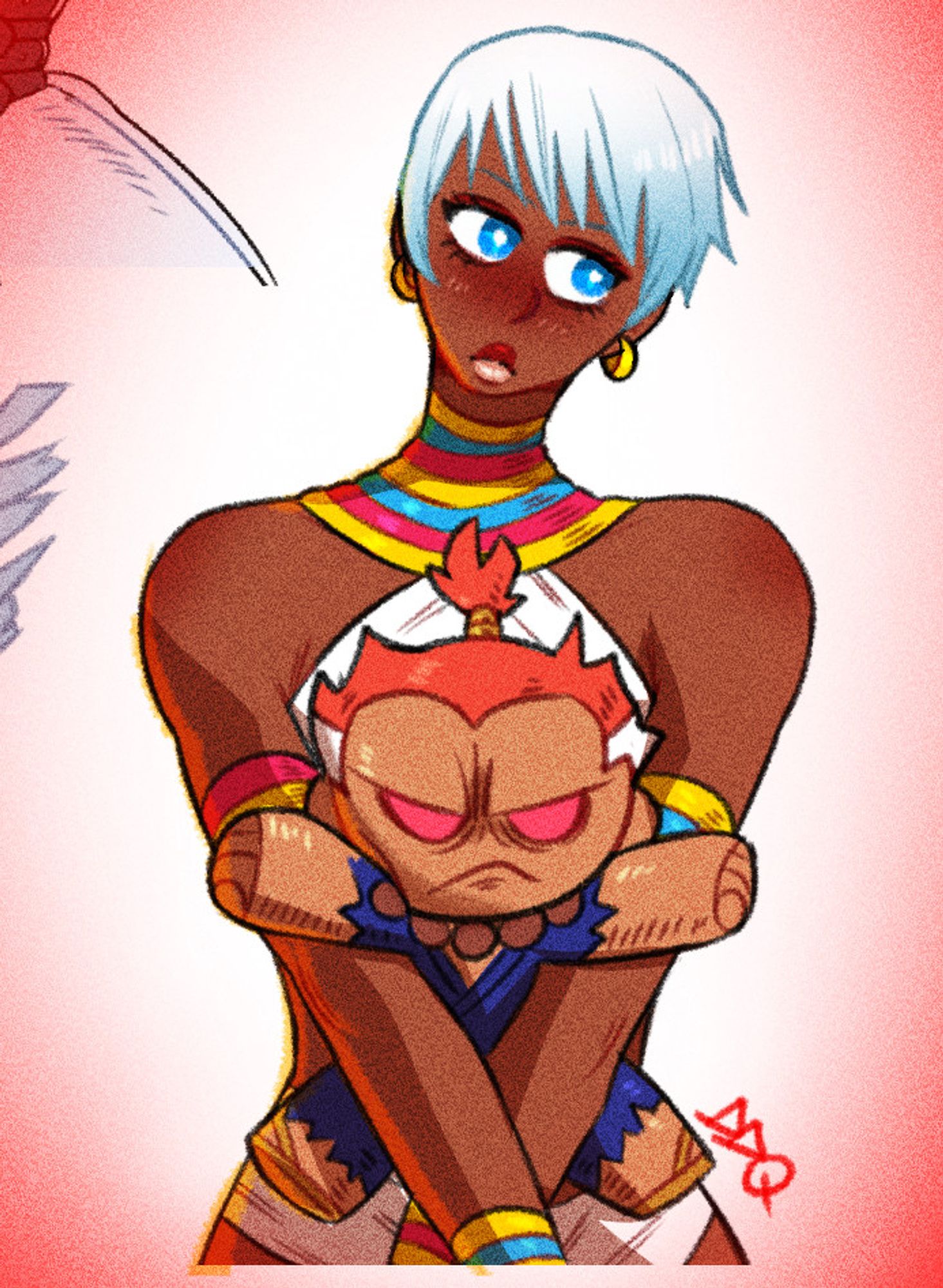 Elena from Street Fighter, a tall woman with dark skin and short white hair, with a disinterested expression, looking off the page while holding an Akuma plush between her arms.