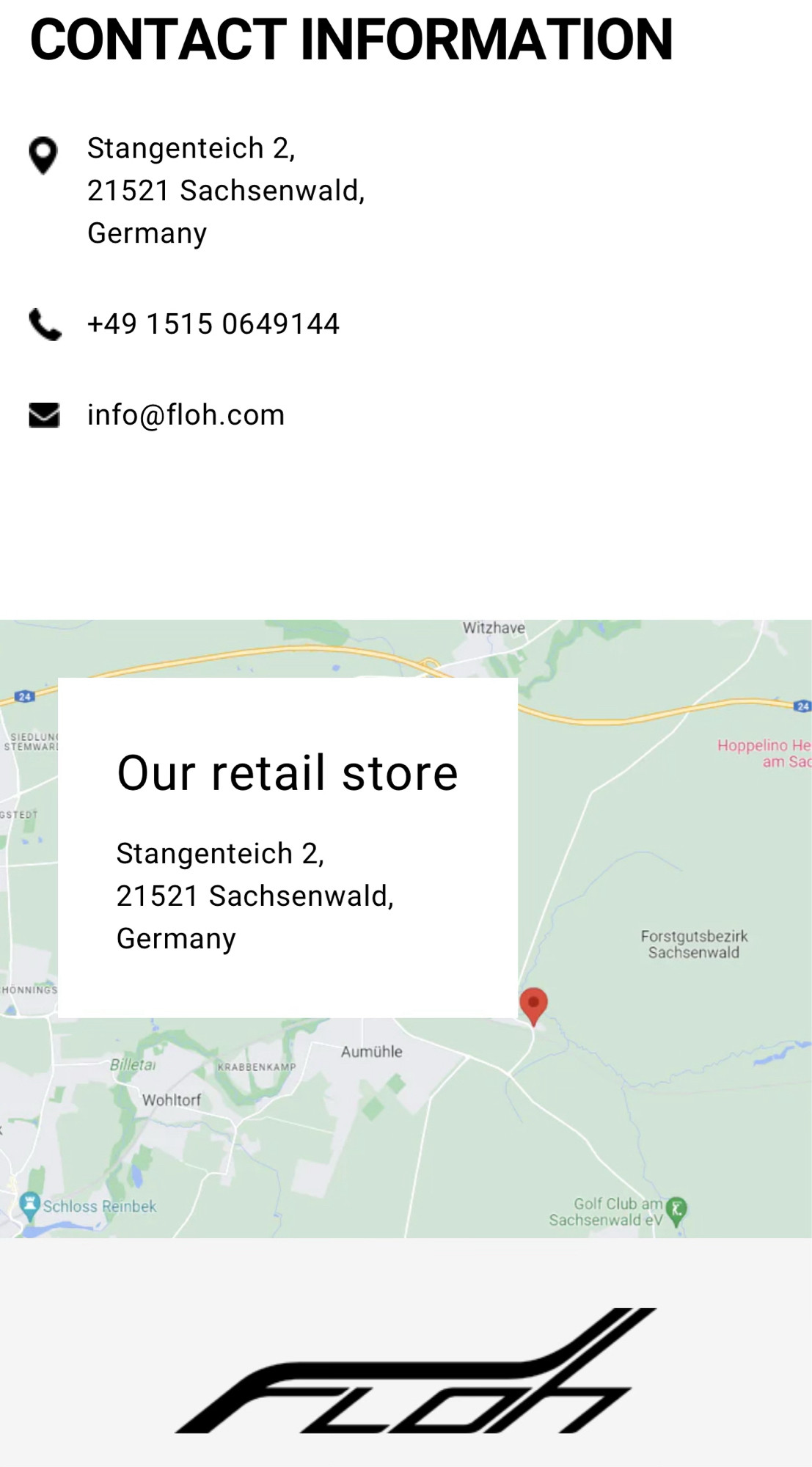 Screenshot von der floh.com Webseite, mit den Hinweis auf einer Karte zum Retail store mit Adresse Stangenteich 2, 21521 Sachsenwald.