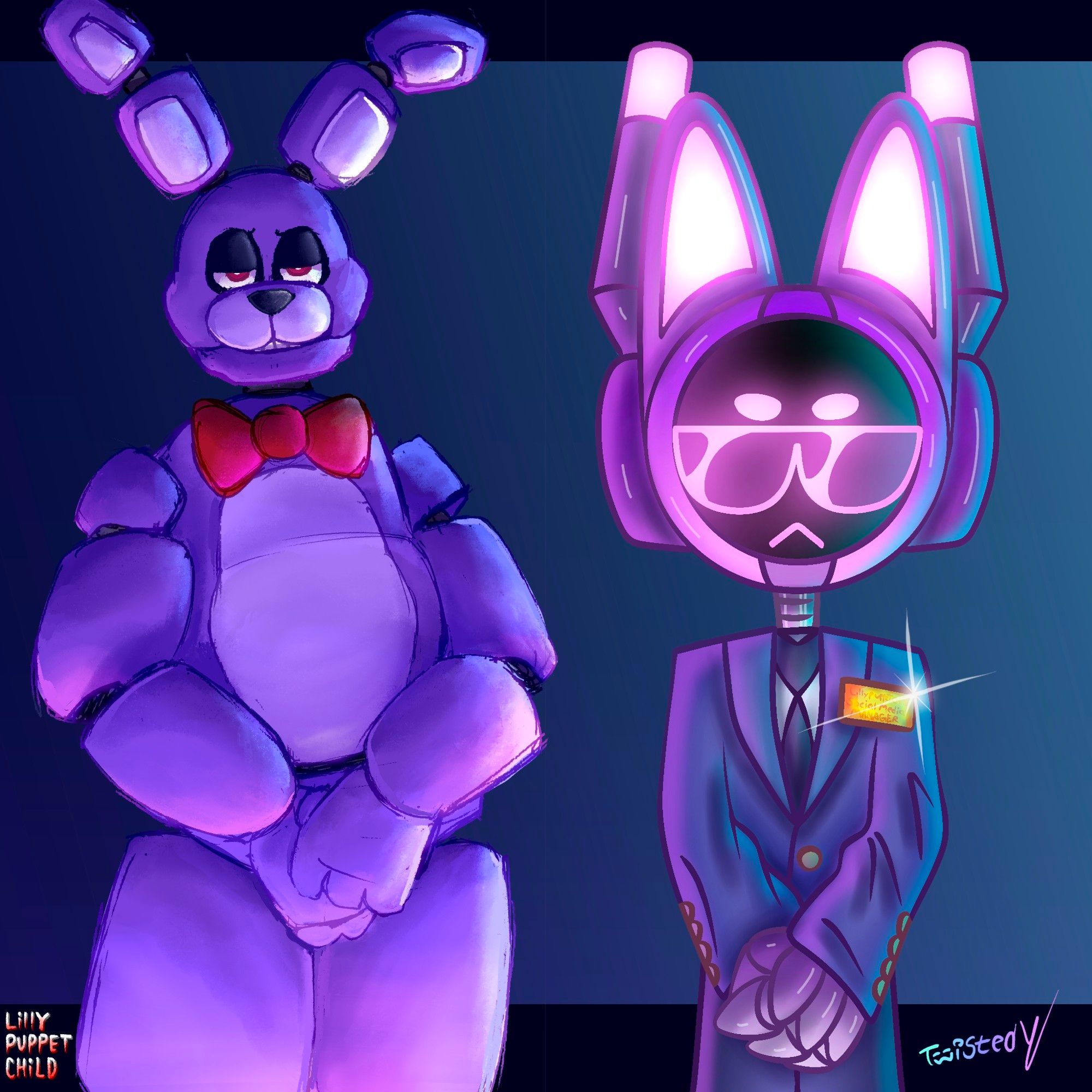 A stylized Bonnie (by Lillypuppetchild) and Twelve (by Twisted Y) stand beside each other with their arms resting downwards. Bonnie is on the left side and Twelve is on the right while wearing a suit, and projecting sunglasses on his visor. Both are staring at the camera. Watermarks for Lillypuppetchild and Twisted Y rest at the bottom left and right corners respectively. The piece is titled: “Promotion.”