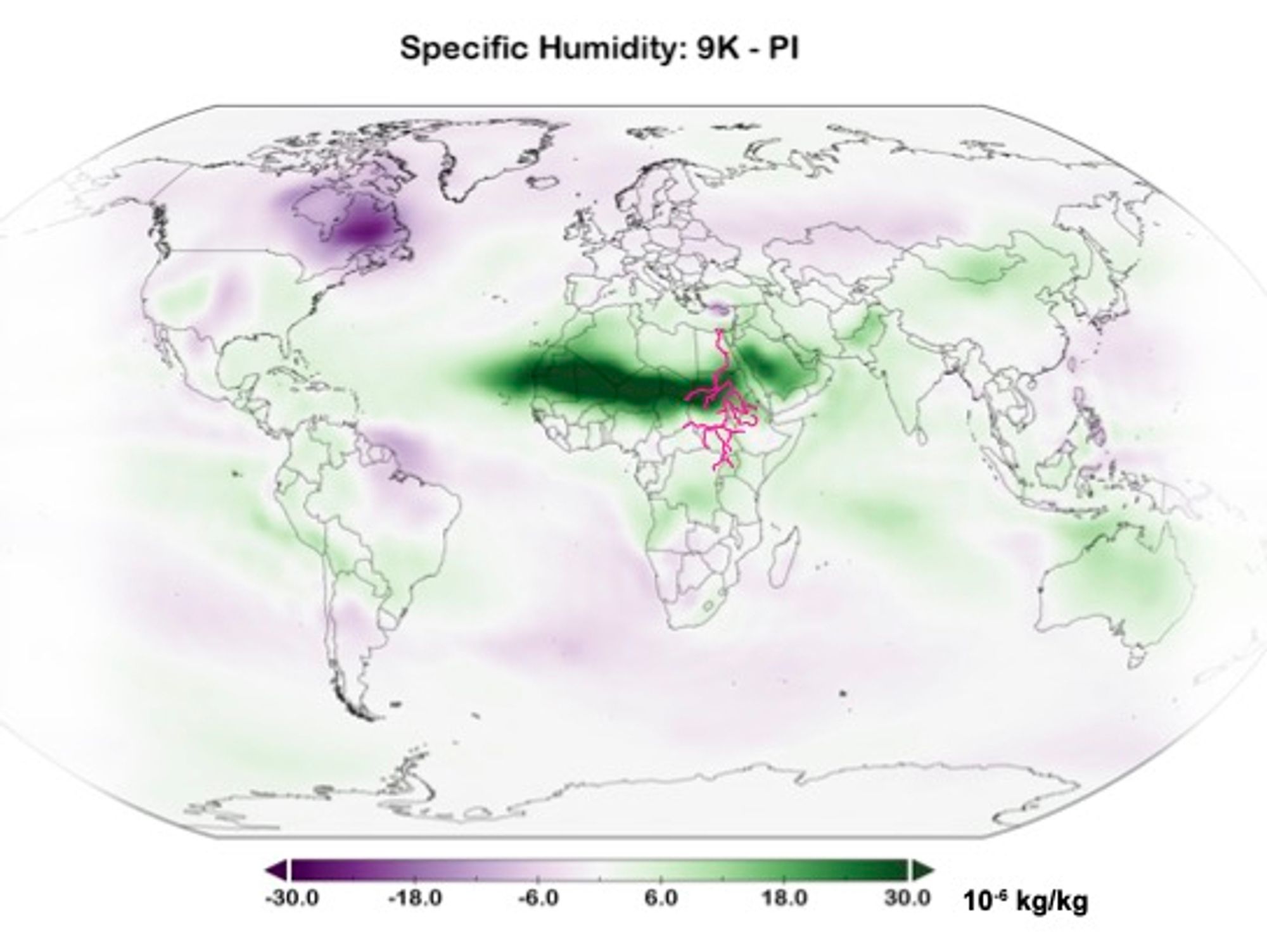 Map showing rainfall anomalies globally for simulations of the AWI-ESM model with conditions 9,000 yr ago, during the North African Humid Period: increase in rainfall in the African Monsoon region.