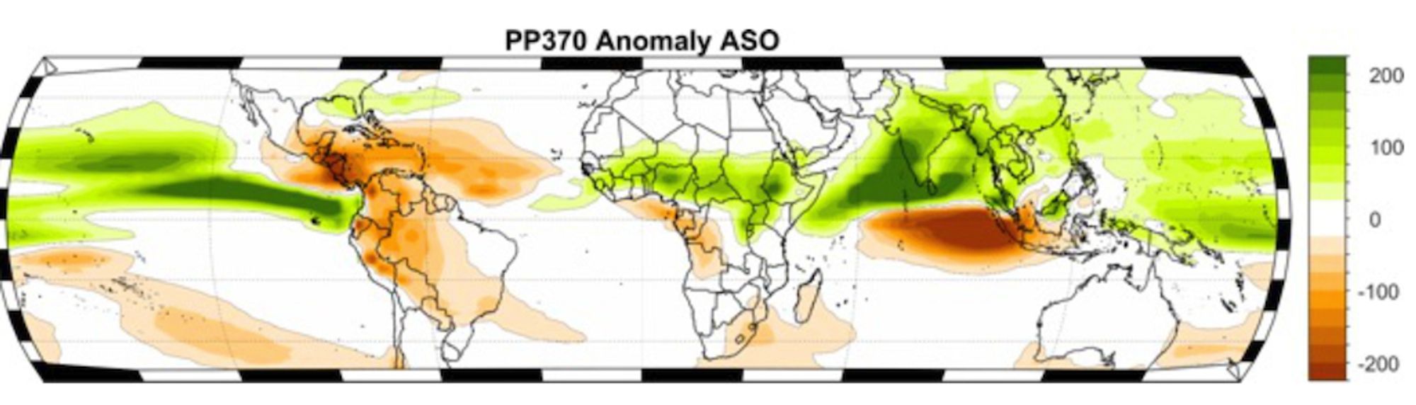 Map showing anomalies of rainfall globally for a mid-level warming scenario (CMIP6 simulations of SSP3-7.0 "Taking the rocky road"): increase in rainfall in monsoon and sub-tropical regions