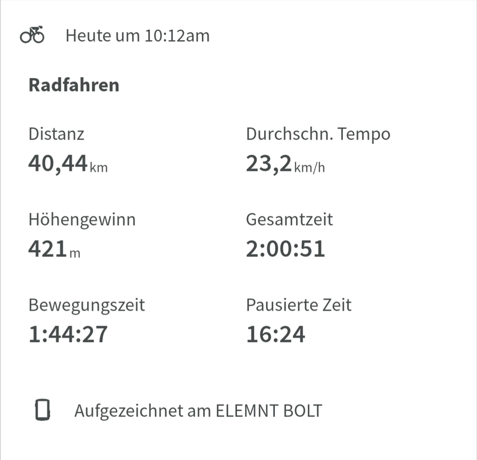 Screenshot der Wahoo-App:

Heute um 10:12am

Radfahren

Distanz

40,44 km

Höhengewinn

421 m

Durchschn. Tempo

23,2 km/h

Gesamtzeit

2:00:51

Bewegungszeit

1:44:27

Pausierte Zeit

16:24

Aufgezeichnet am ELEMNT BOLT