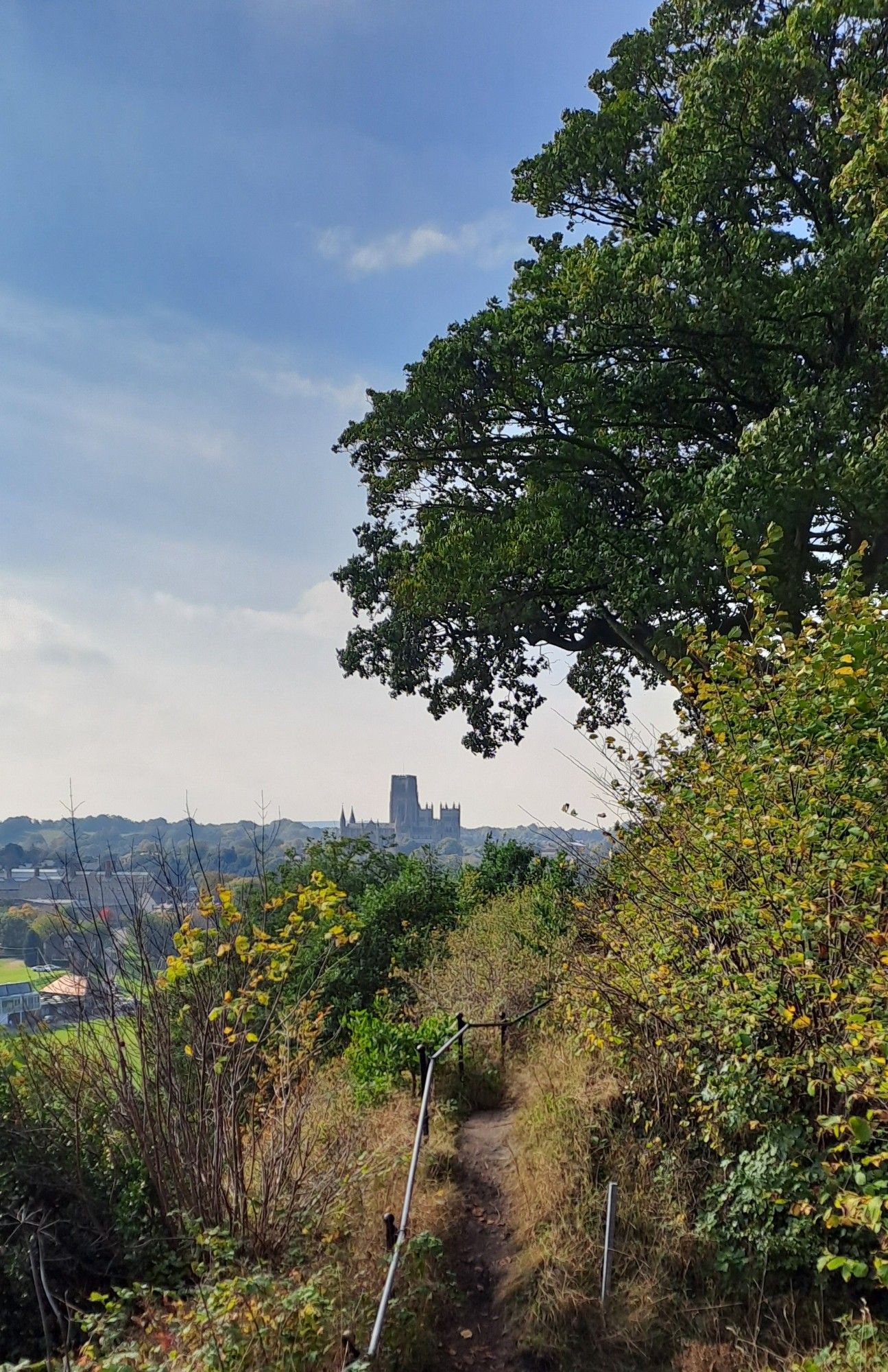 View of Durham Cathedral in the distance, on a slightly hazy sunny day. The towers are framed by a large tree in the middle distance; in the foreground a narrow footpath leads between bushes beginning to turn golden