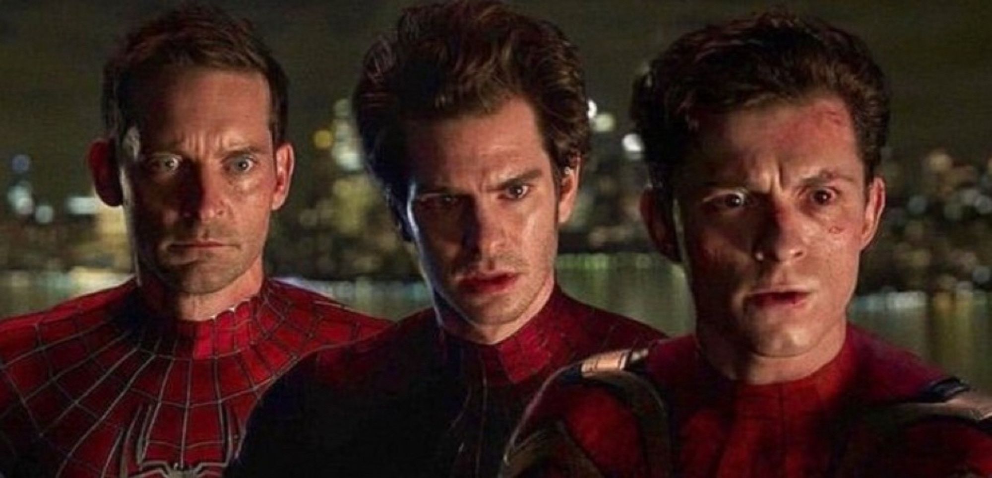 The three Spider-Men of the MCU staring in horror