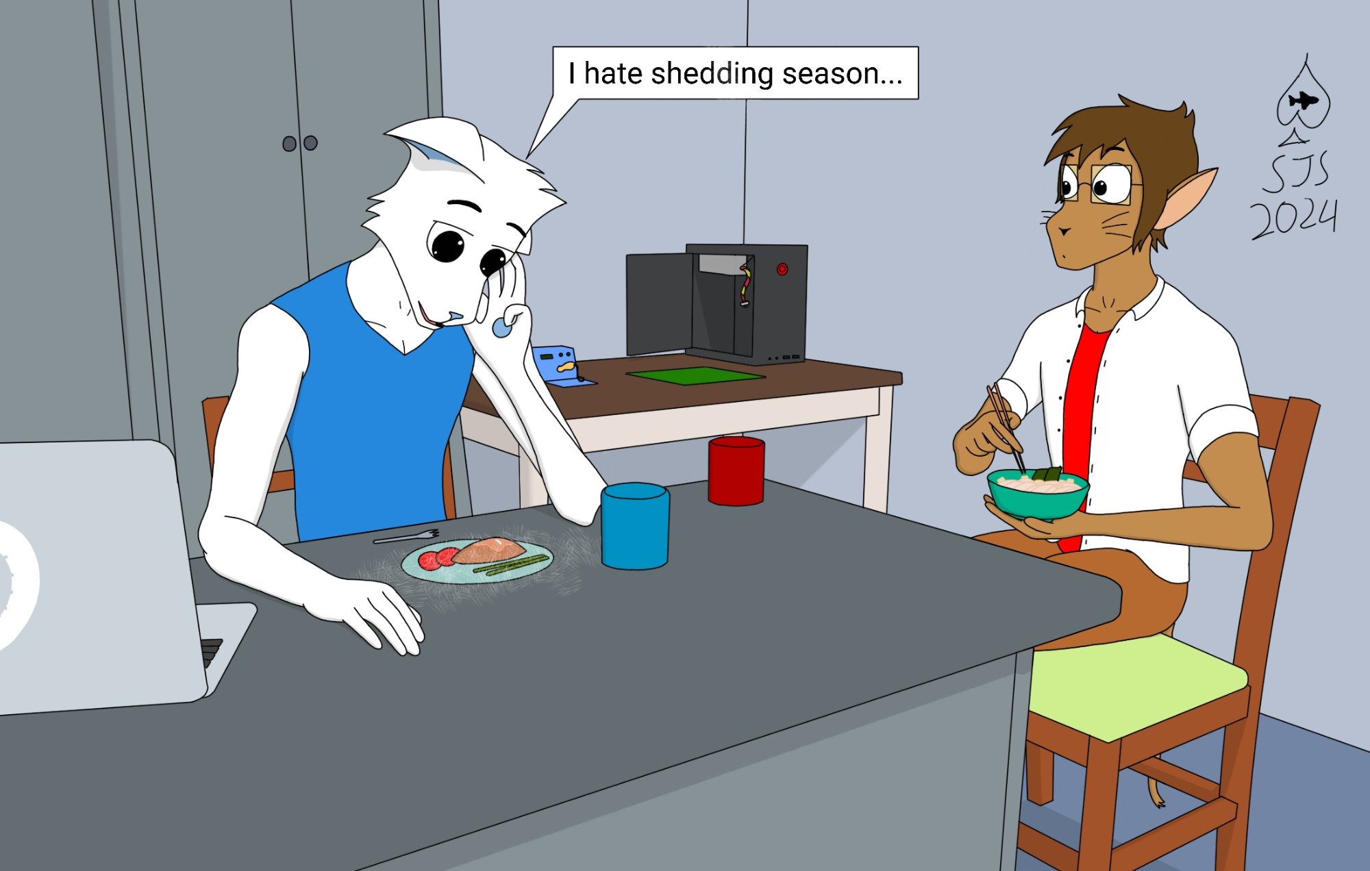 Winston is on the left, and Skylar is on the right. The setting is their workshop, as they run a business where they build and fix computers. Winston is upset because some of his stray fur got on his food. Like Benninger's furry residents, he and Skylar have to deal with a time of year known as "Shedding Season," and some of the furries (like Winston himself) tend to shed some stray fur without knowing no matter if they do make sure to shed enough fur to not annoy themselves and everyone around them.