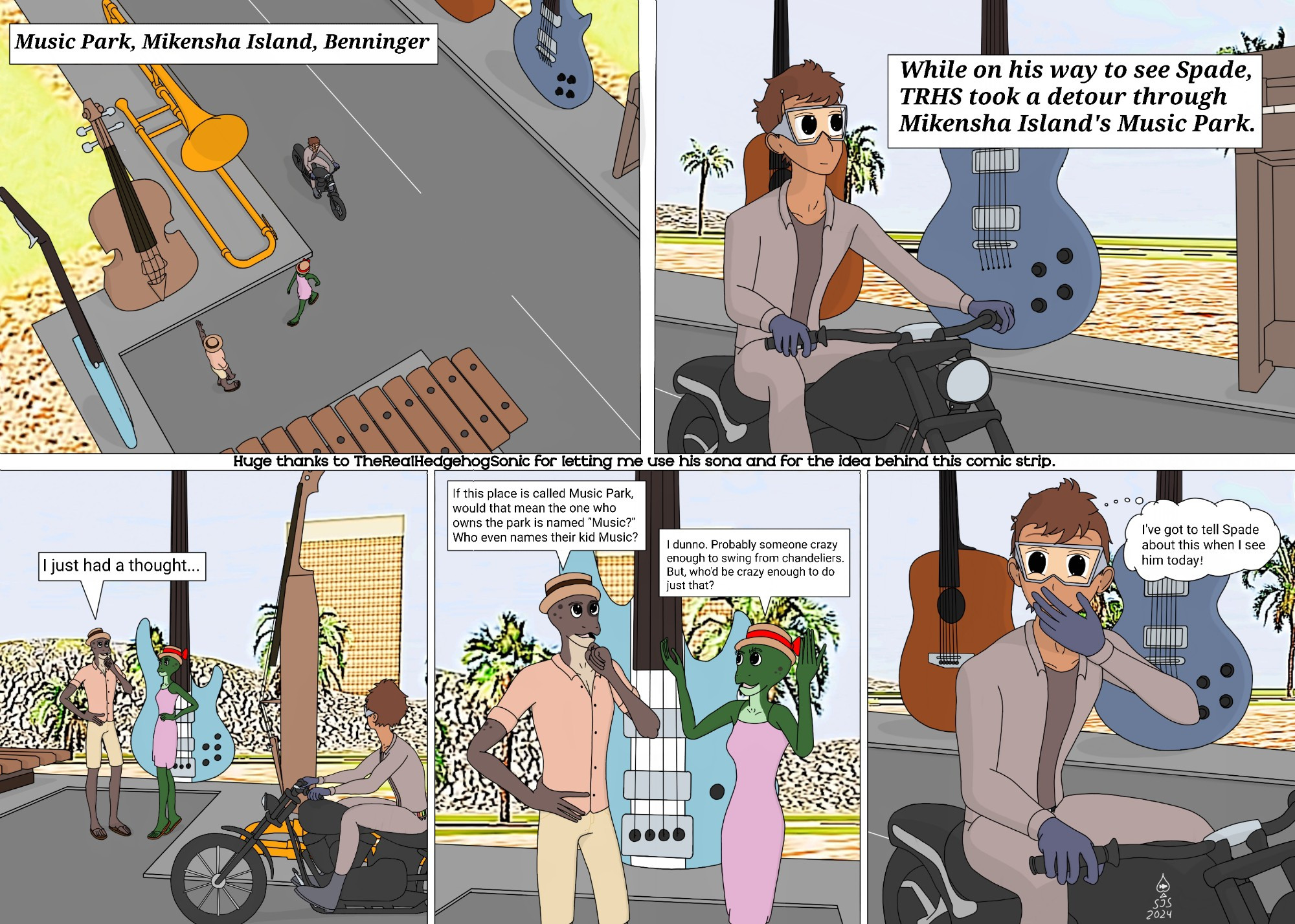 This is a 5-panel strip of a human character (TheRealHedgehogSonic's sona) traveling through a fictional island, and coming across a conversation between two amphibifolk characters (human-like creatures with amphibious attributes).