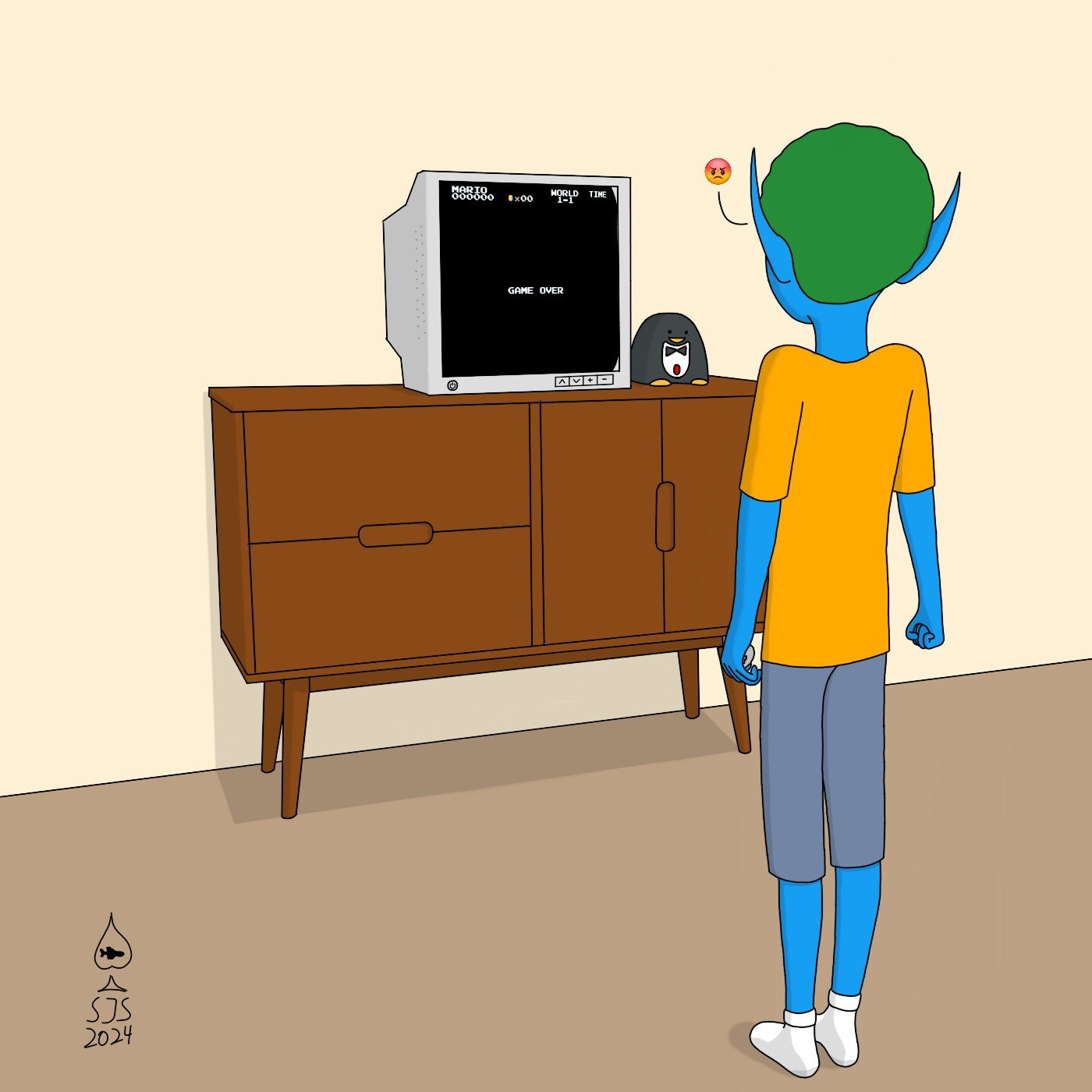 This image depicts a kid version of my elfsona from the back playing Super Mario Bros on a Famiclone, though he appeared to have gotten a game over and ismad about it. This represents something from actual life when I was 10 in 2007, and is probably something many of us can relate to.