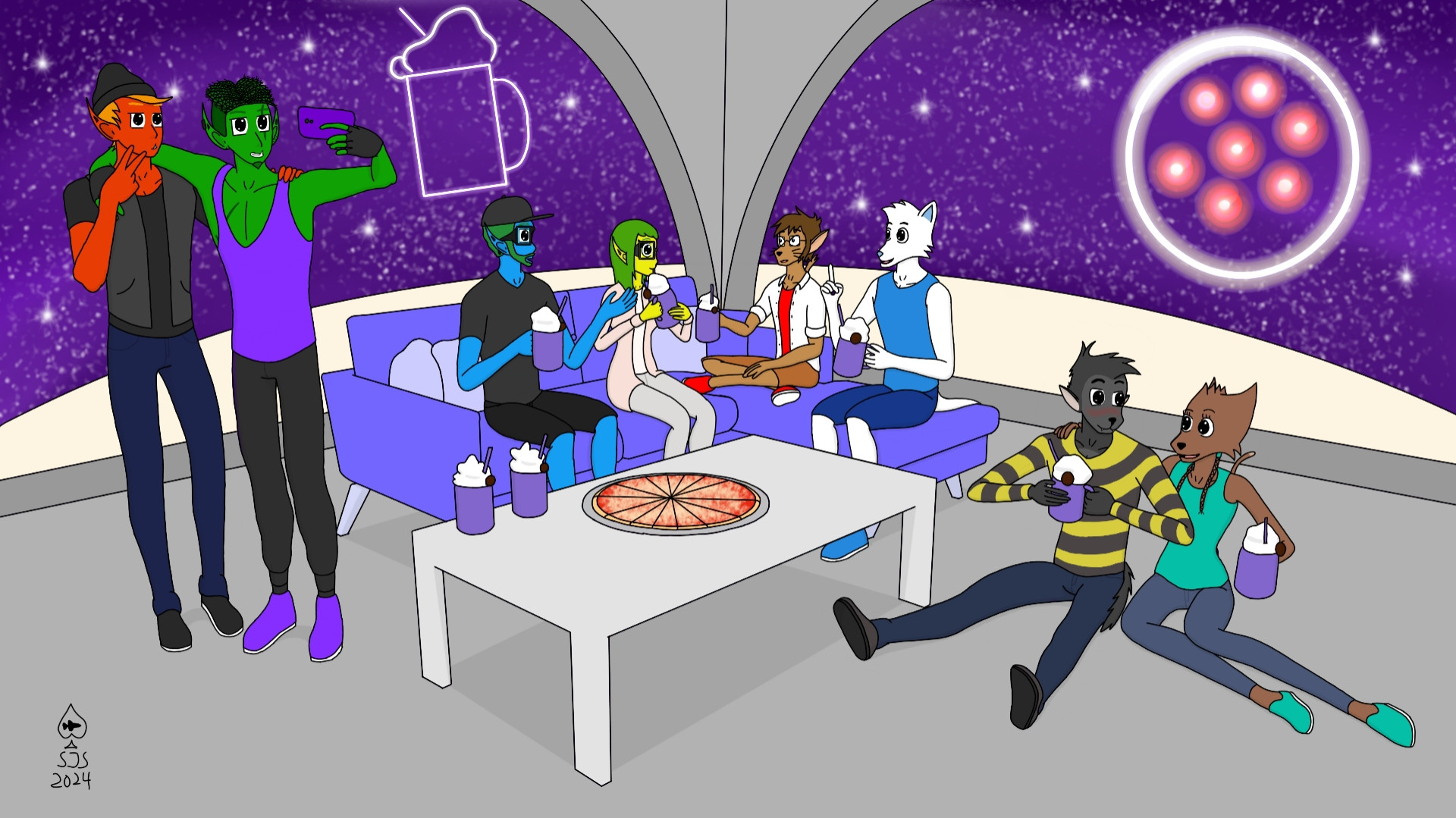 This is a scene of four elves and furries at a cosmic-theme pizzeria. Neon signs of a milkshake and a pizza are on the walls, which are painted to look like one is inside of a space station. On the left are Raiden and Carson taking a photo on the latter's phone. On the couch, my elfsona Spade, Catalina, Skylar, and Winston are having a conversation. On the right are Ethan and Kris sitting on the floor, with the former blushing as the latter says something to him (rumor has it that they likely have a crush on each other).