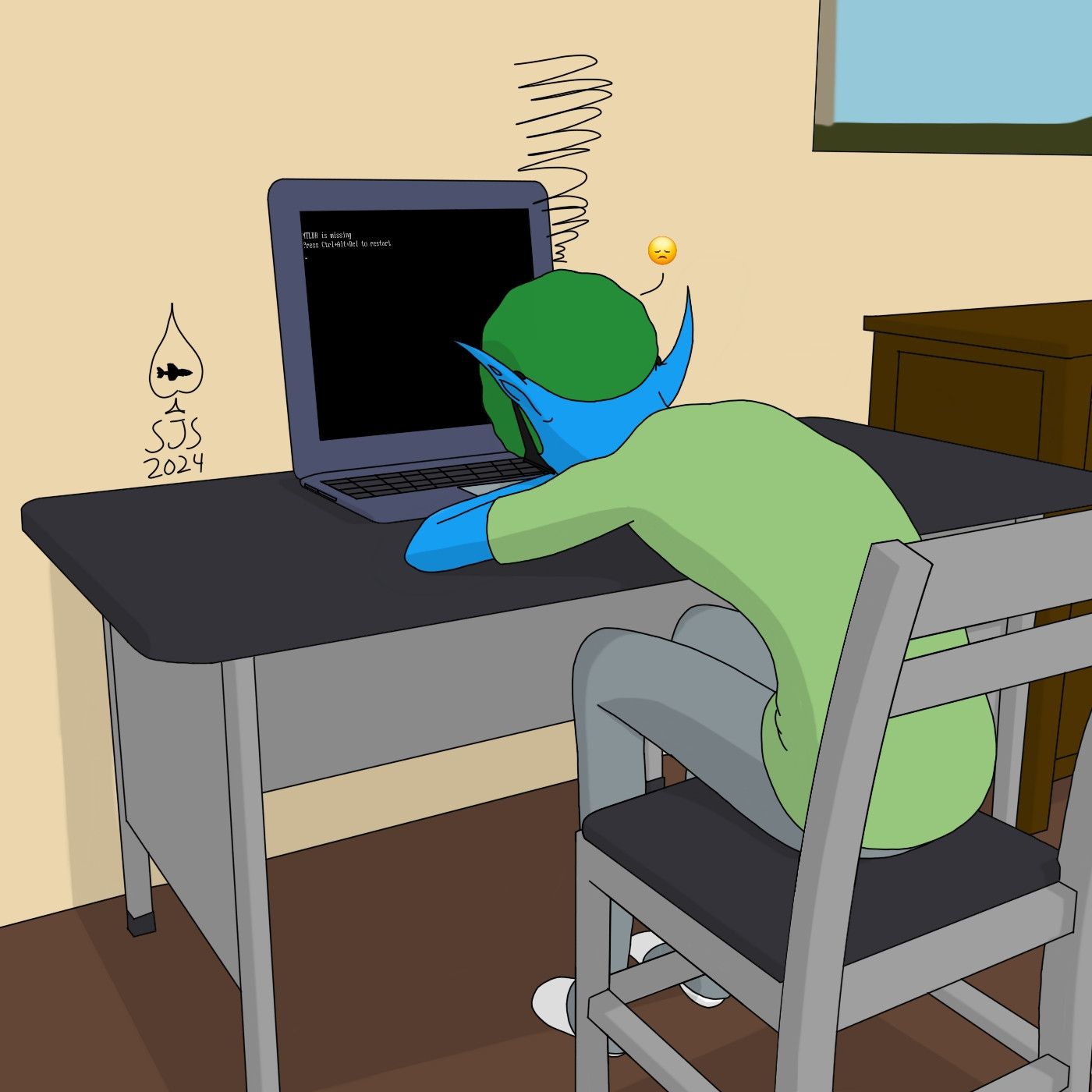 This scene depicts an early teenage version of my elfsona with his head down on the desk. His laptop displays the "NTLDR is missing" screen. This was something that actually happened in 2011, when I was 14. In the process of deleting files to increase storage and speed, I accidentally deleted a crucial system file (I think it was in the system32 folder), which caused this screen to show on boot up. You can imagine my reaction upon seeing it.