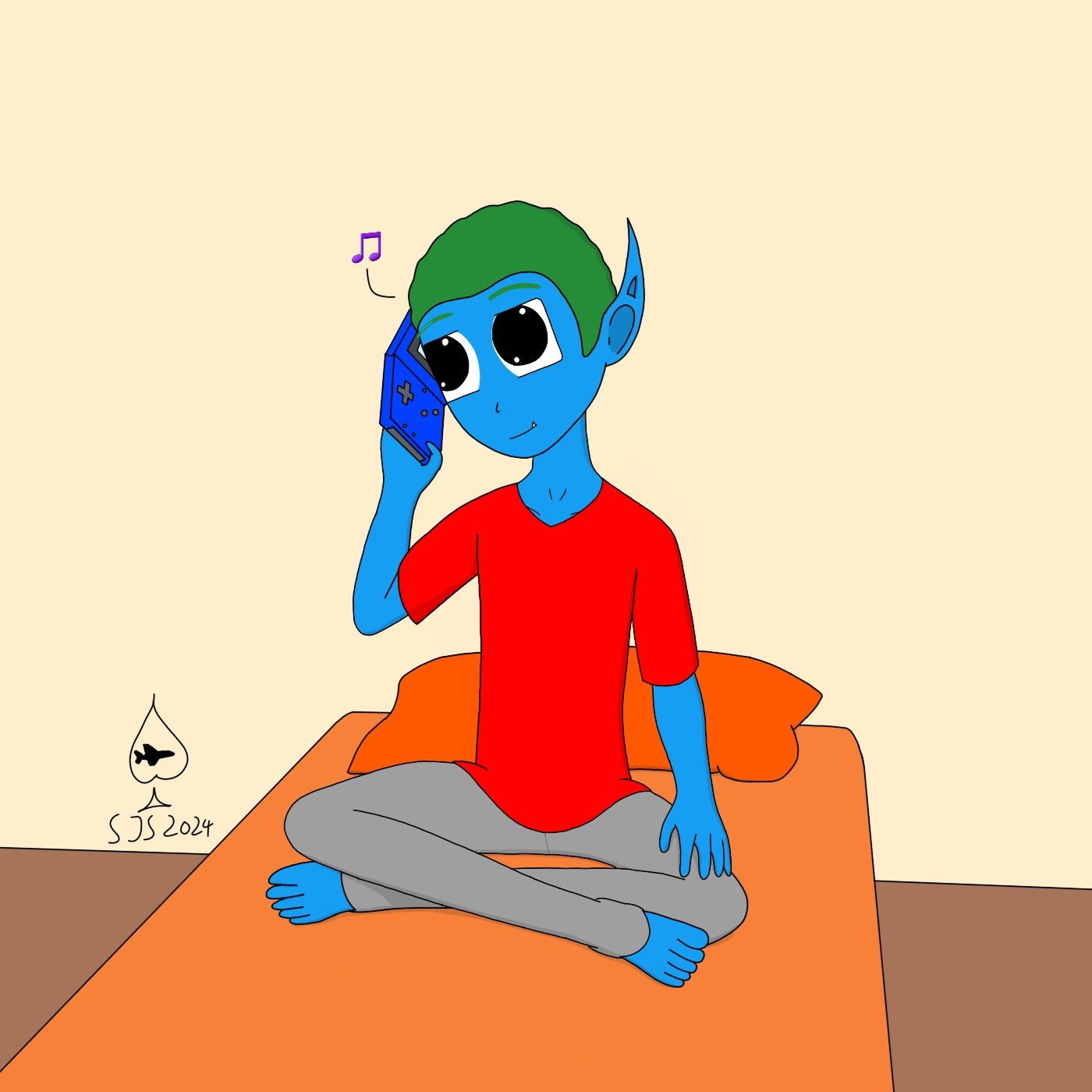 This image depicts a kid version of elfsona wearing PJs (an oversized red shirt and grey PJ pants) holding a Game Boy Advance SP close to his right ear to listen to whatever music is found in whatever game he inserted. This represents what I actually did back when I was kid in the mid to late 2000s.