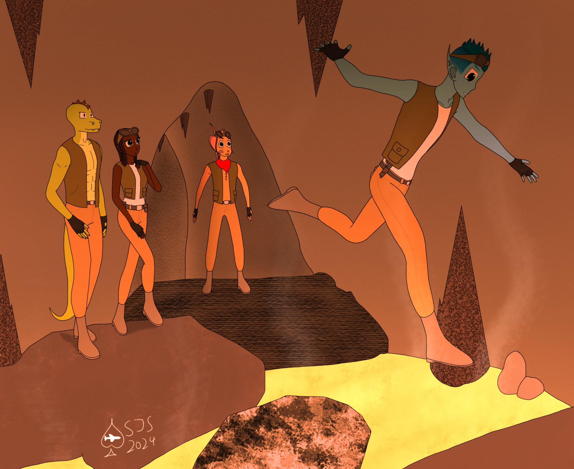 This piece of art depicts four characters inside of a lava cave. On the left is an elf guy who is jumping on to the boulder on the bottom-left of the image. On the right, a reptilian guy and a human girl both watch the elf guy jumping from rock to rock, and the mouse boy in the far back is just concerned that the elf guy might fall into the lava below.