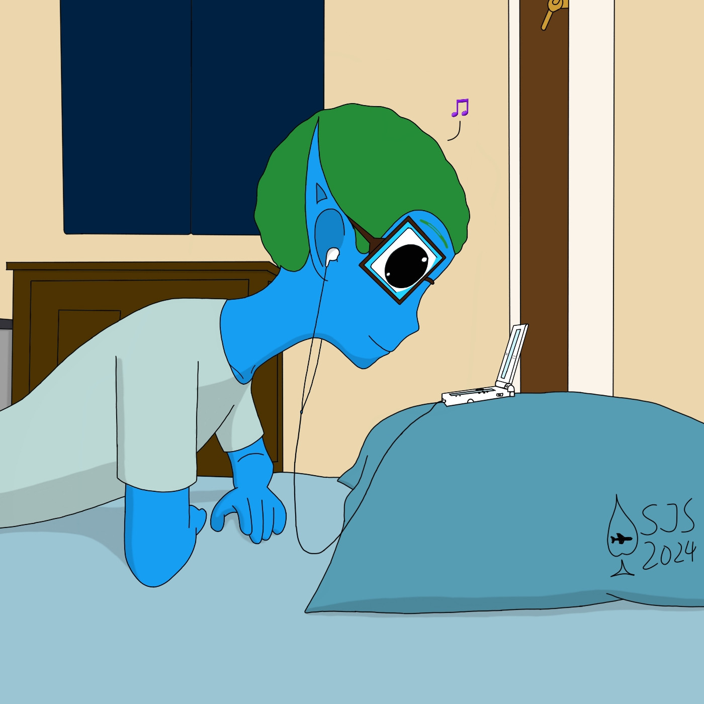 This scene depicts a 12-year old version of my elfsona lying belly-down in bed and looking at his Nintendo DS Lite, simply vibing to the music of whatever game he has loaded there. Like the other image of my elfsona as a kid listening to GBA music, this scene represents something I had done during all of 2009, and continued into 2010 after getting a DSi.