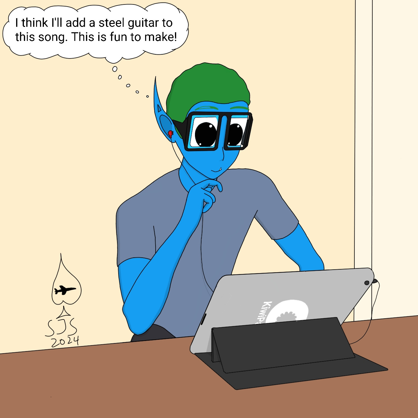 This image depicts a teenage version of my elfsona, who is looking at his KiwiPad, making a song. He very much enjoys it, much like I did back in 2013 when I was 16.