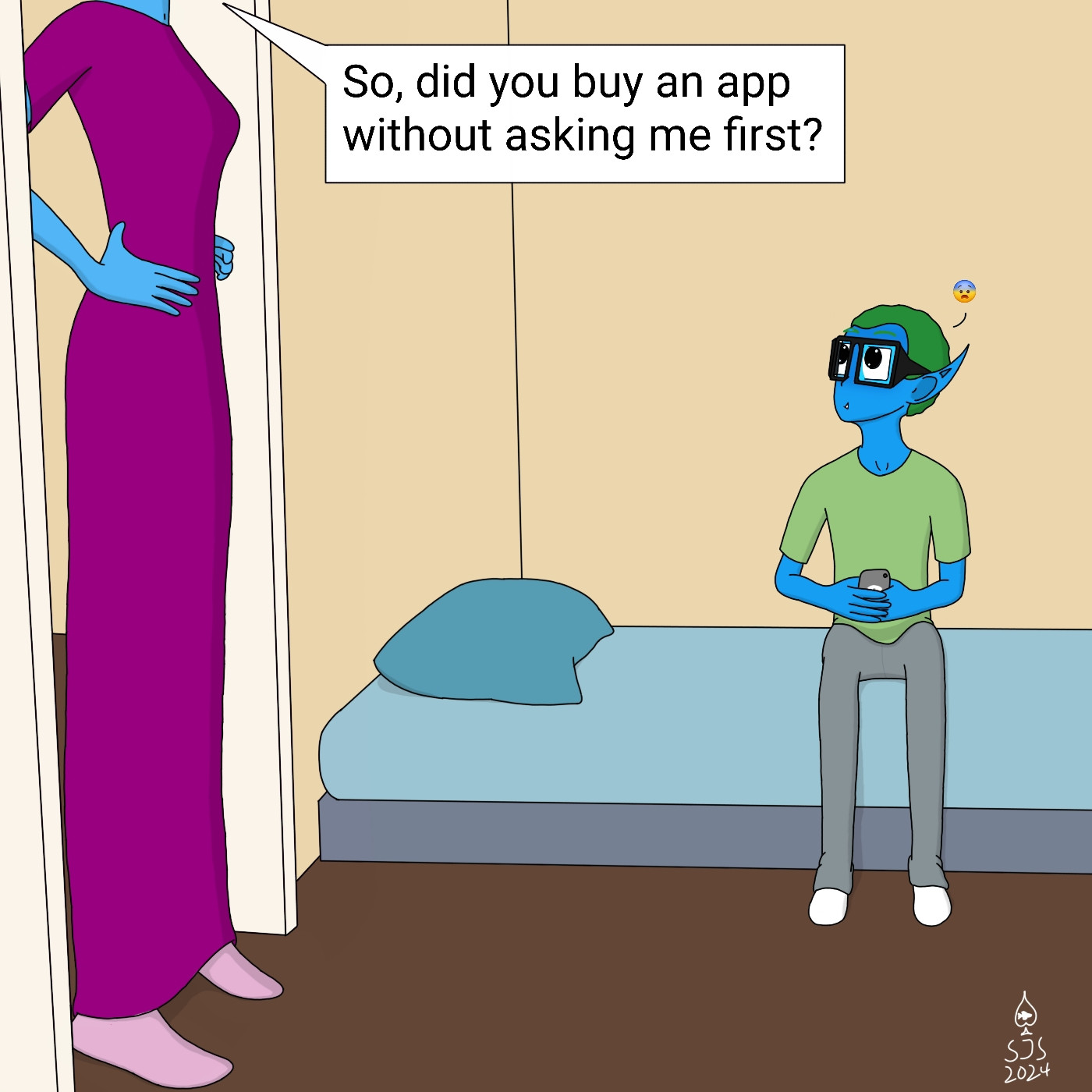 This scene depicts an early teen version of my elfsona looking frightened as his mom stands in the doorway to his room (her face is offscreen). She confronts him about buying an app without asking her. This represents something I actually did back in 2011, when I was 14, where I purchased an app from the iOS app without asking my mom first. She had found out when looking at her transaction history in her bank account.