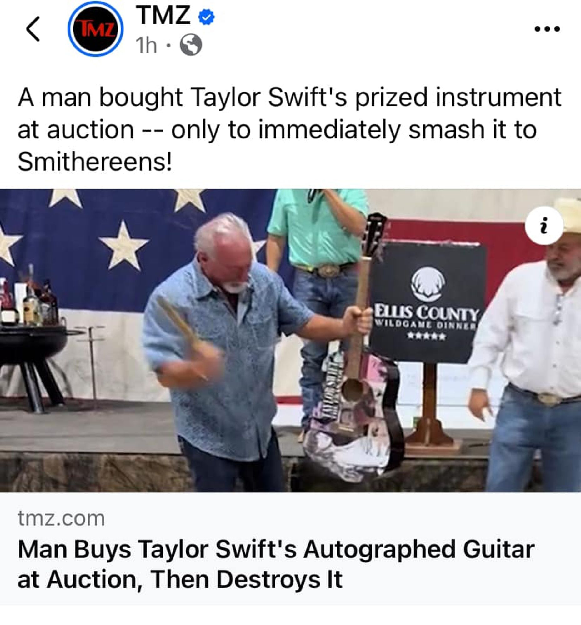 Screenshot of news item about a man who bought a guitar owned and autographed by Taylor Swift and smashed it with a hammer.