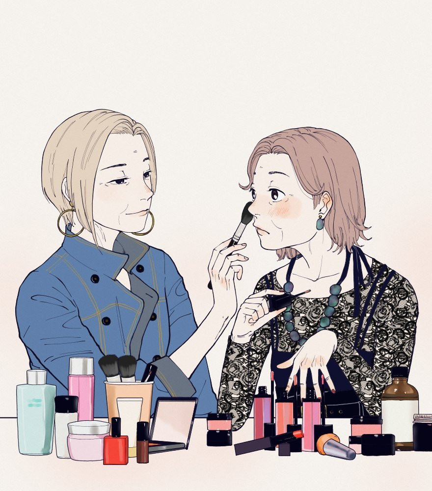 Bonus illustrations from the author's Twitter - Yoshiko applies blush on Hanayo's cheek as Hanayo paints her own nails. They sit side-by-side and look at each other tenderly. A variety of makeup products adorn the table.