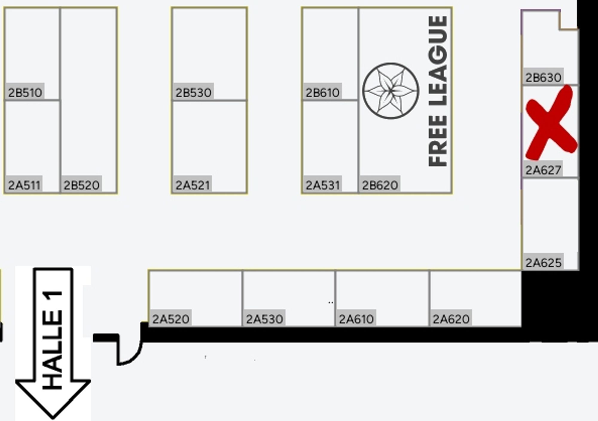 Ausschnitt aus dem Hallenplan der Halle 2 auf der SPIEL Essen, mit einem großen roten X über dem Stand 2A627, wo sich die Redaktion Phantastik befindet