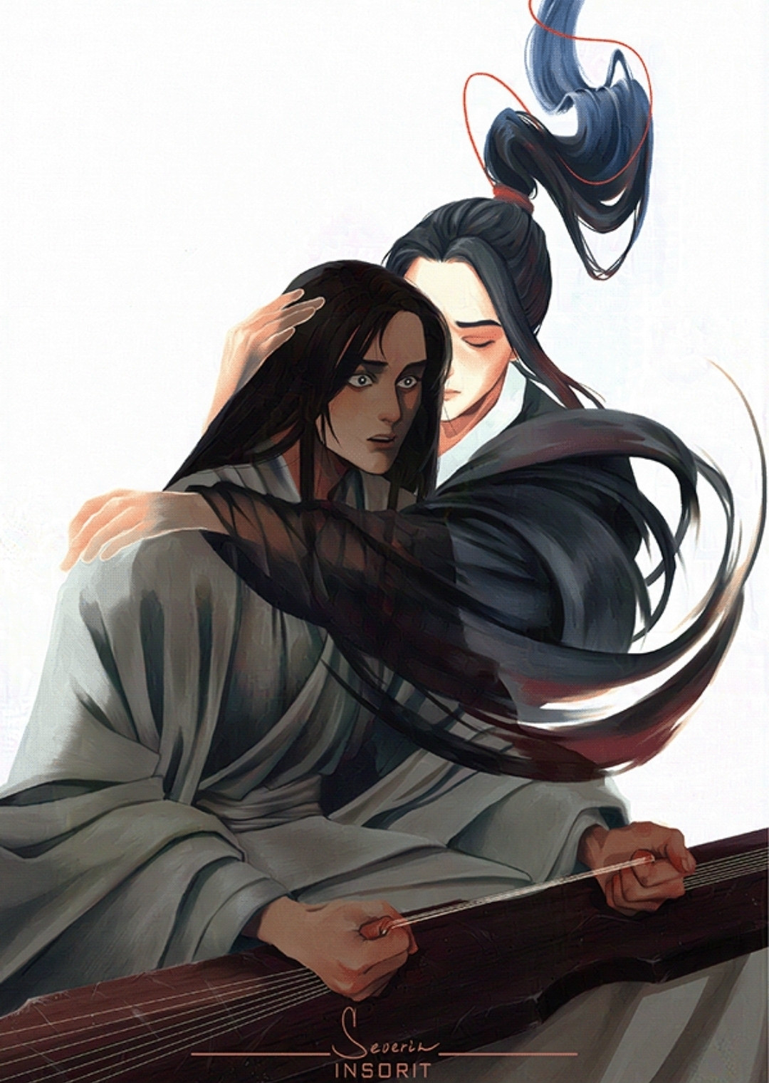 Lan Wangji playing guqin in distress while being consoled by the ghost of Wei Wuxian. Lan Wangji grips strings so tightly that they cut his fingers