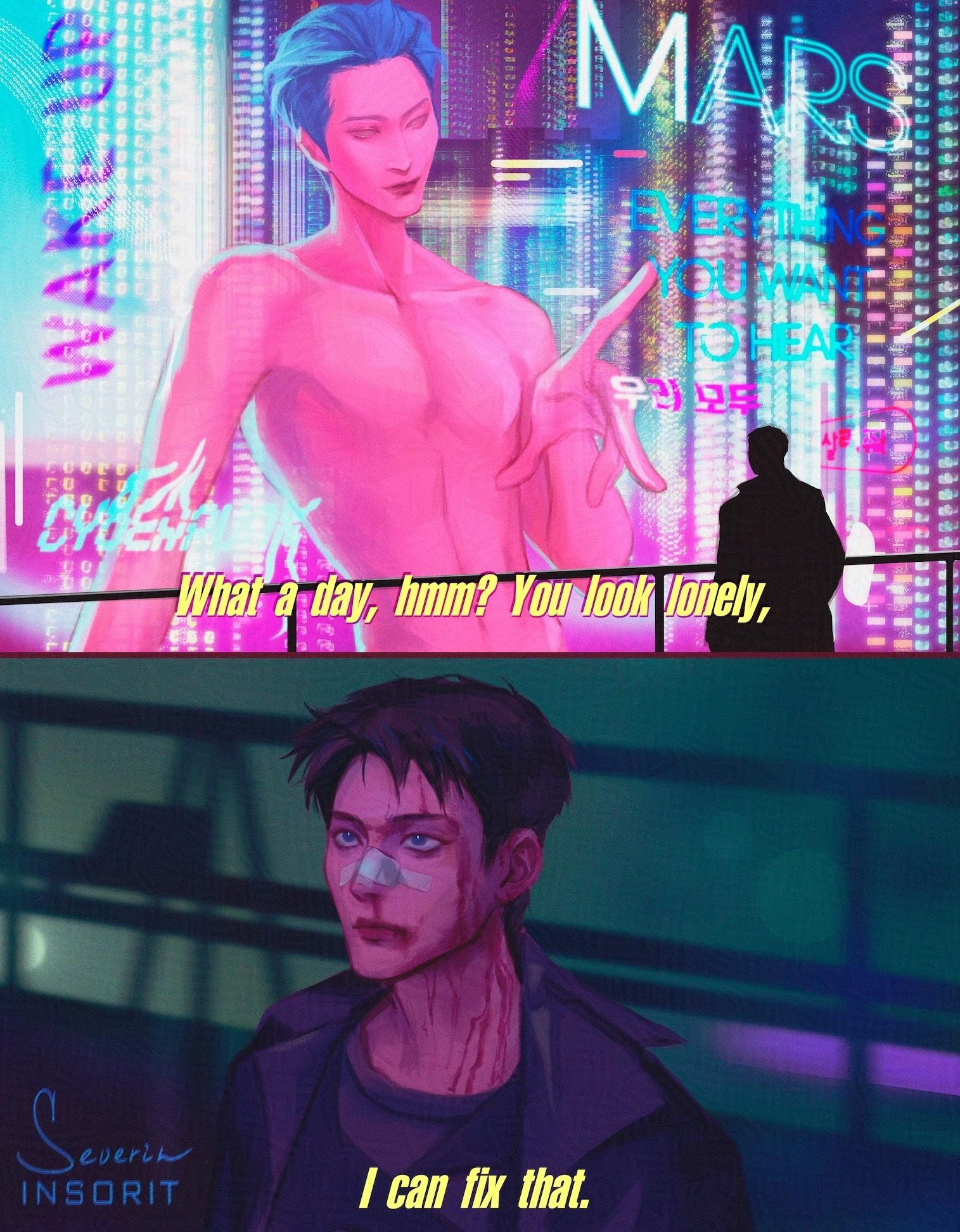 A scene from Blade Runner 2049 "you look lonely, I can fix that" where Seonghwa is giant Joy hologram and Hongjoong is K, except for Seonghwa being named Mars instead of Joy, and Hongjoong named J instead of K