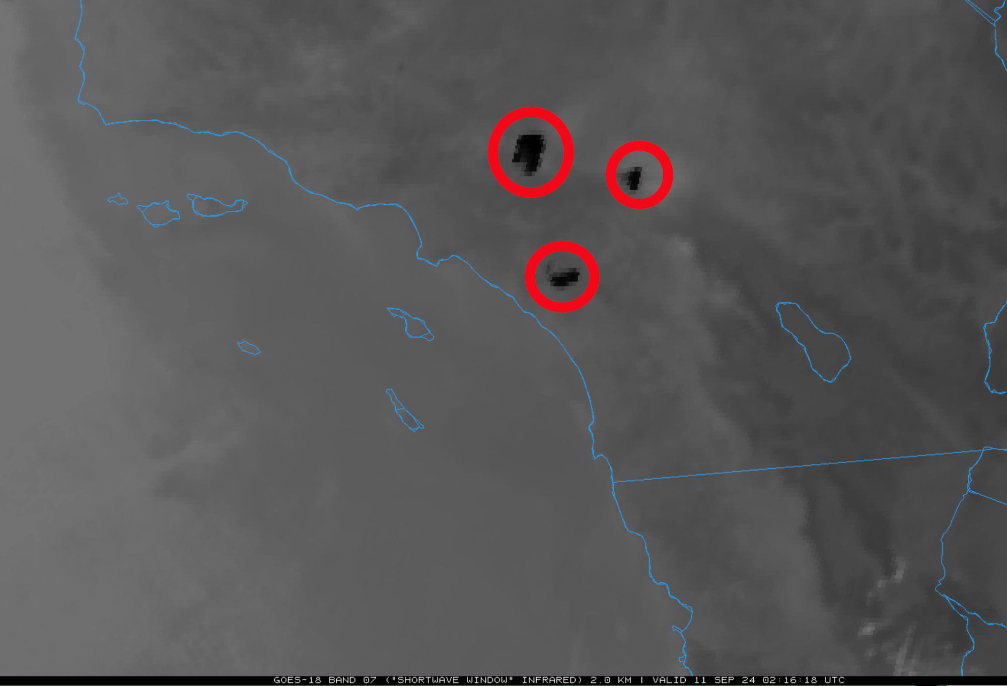 Satellite snapshot showing three large exceptionally fast-spreading wildfire footprints (via thermal imagergy) in the Southern California mountains this evening.