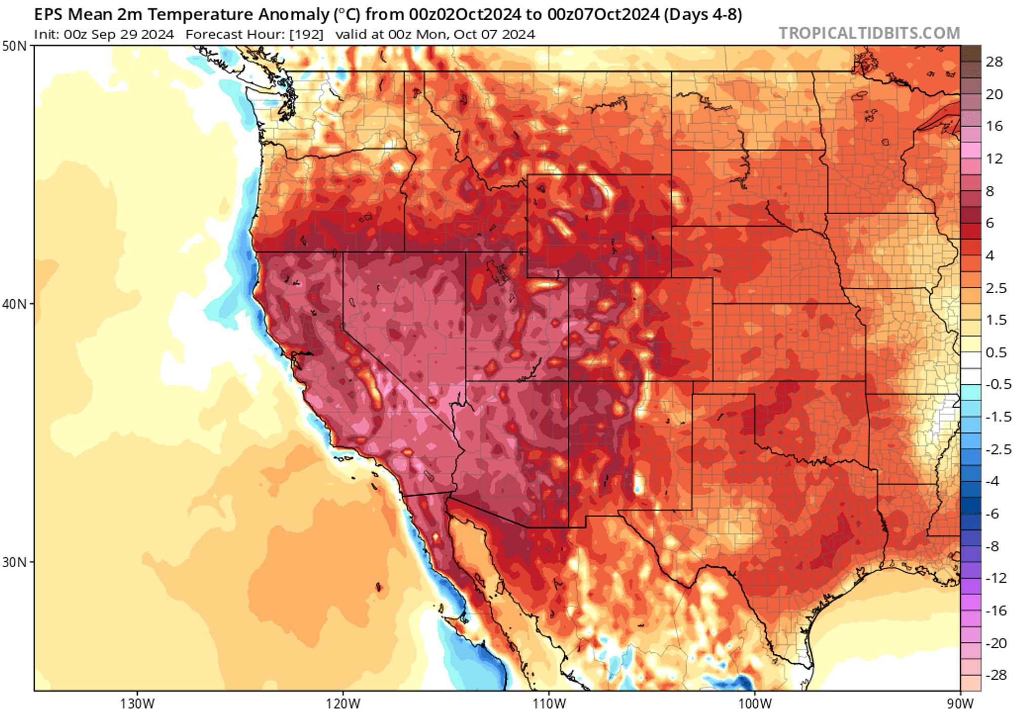 Snapshot from ECMWF ensemble depicting surface temperature anomalies over the Western U.S. next weekend. They are almost uniformly far above average, and may be record-breaking in some places.