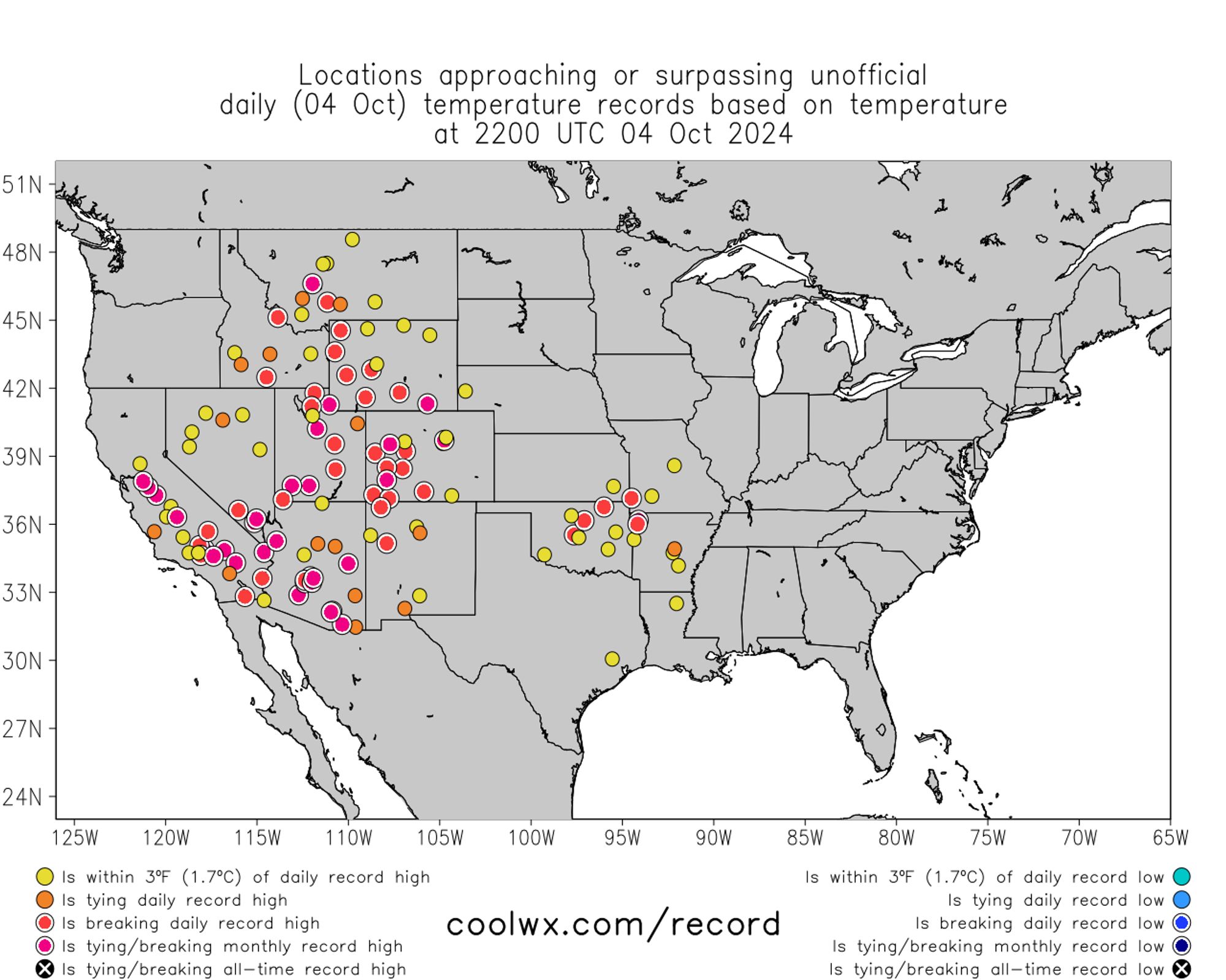 A map (from coolwx.com) showing locations currently breaking high and low temperature records over the continental United States. There are no locations breaking low temperature records, and numerous locations breaking high temperature records. Several locations are, once again, breaking monthly October temperature records this afternoon.