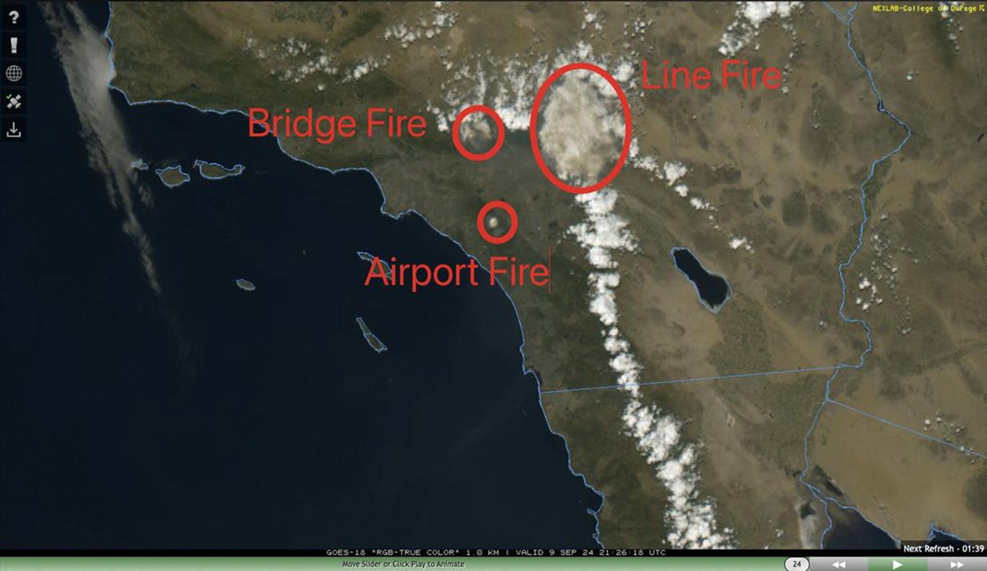 Current satellite snapshot of Southern California showing pyrocumulus development atop three major ongoing wildfires.