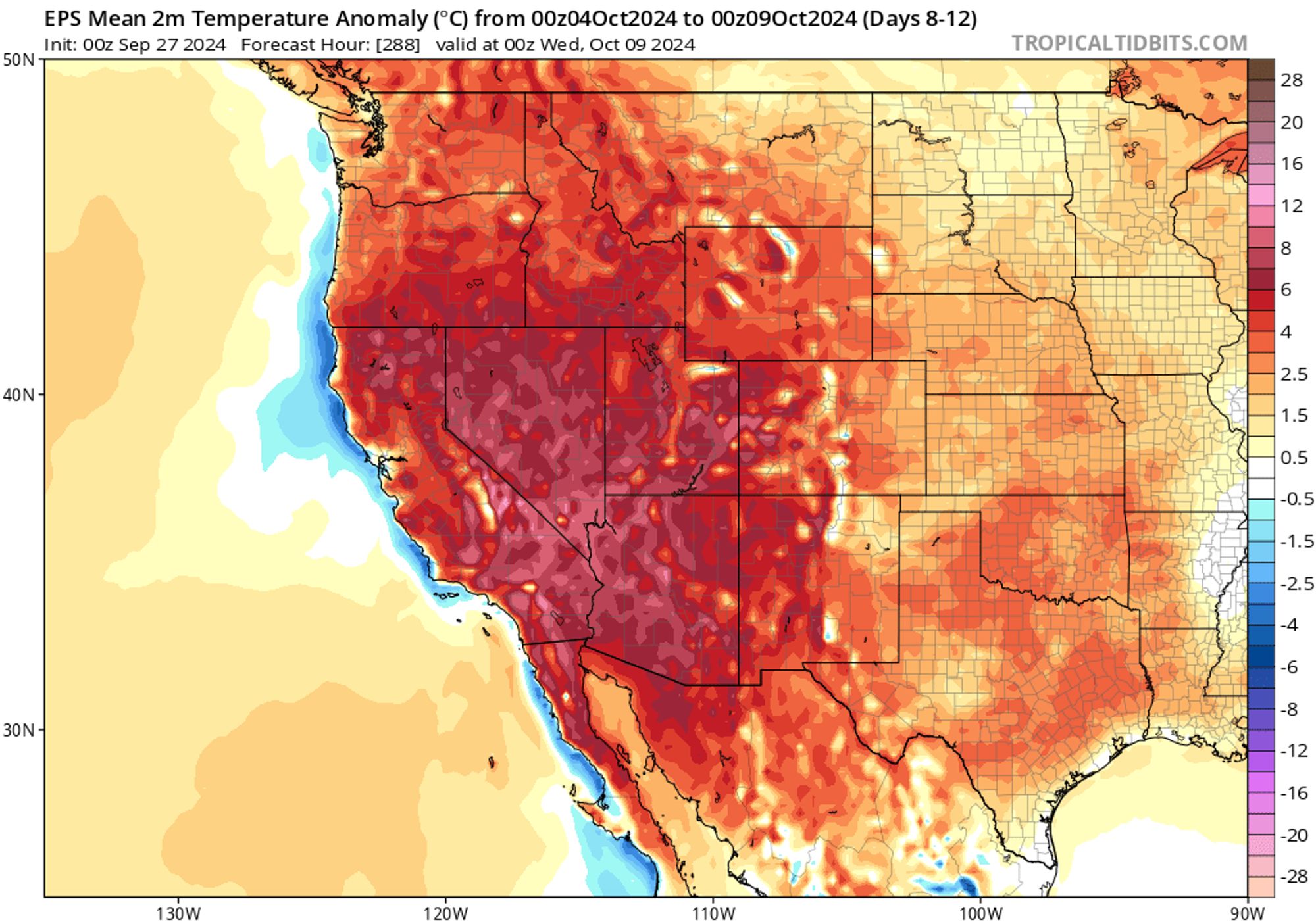 Anomalously warm temperatures will be the rule across nearly the entire US West for the foreseeable future, including California, as depicted in this map showing predicted temperature anomalies from the ECMWF ensemble for the next 2 weeks (which are nearly universally positive and locally quite high).