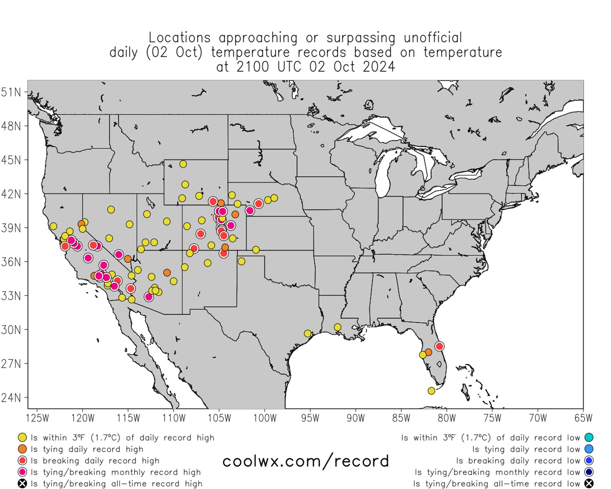 A map showing locations currently exceeding daily Oct 2 and also all-time October monthly temperature records across the U.S. There are numerous such locations, denoted as red and pink dots on the map, respectively, currently apparent.