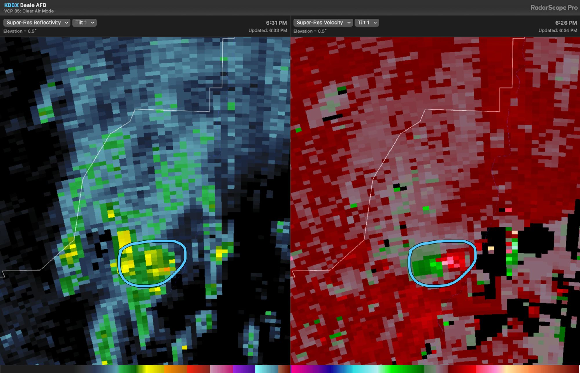 Current radar snapshot showing pyrovortex rotational couplet signature on Park Fire.