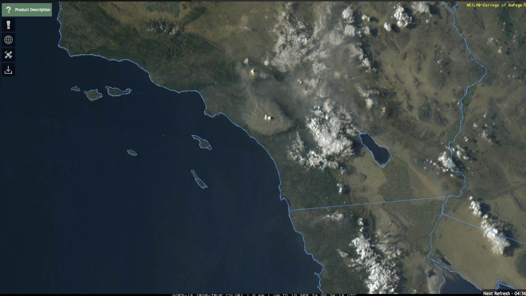 Satellite snapshot from this evening showing large smoke plumes covering much of SoCal.