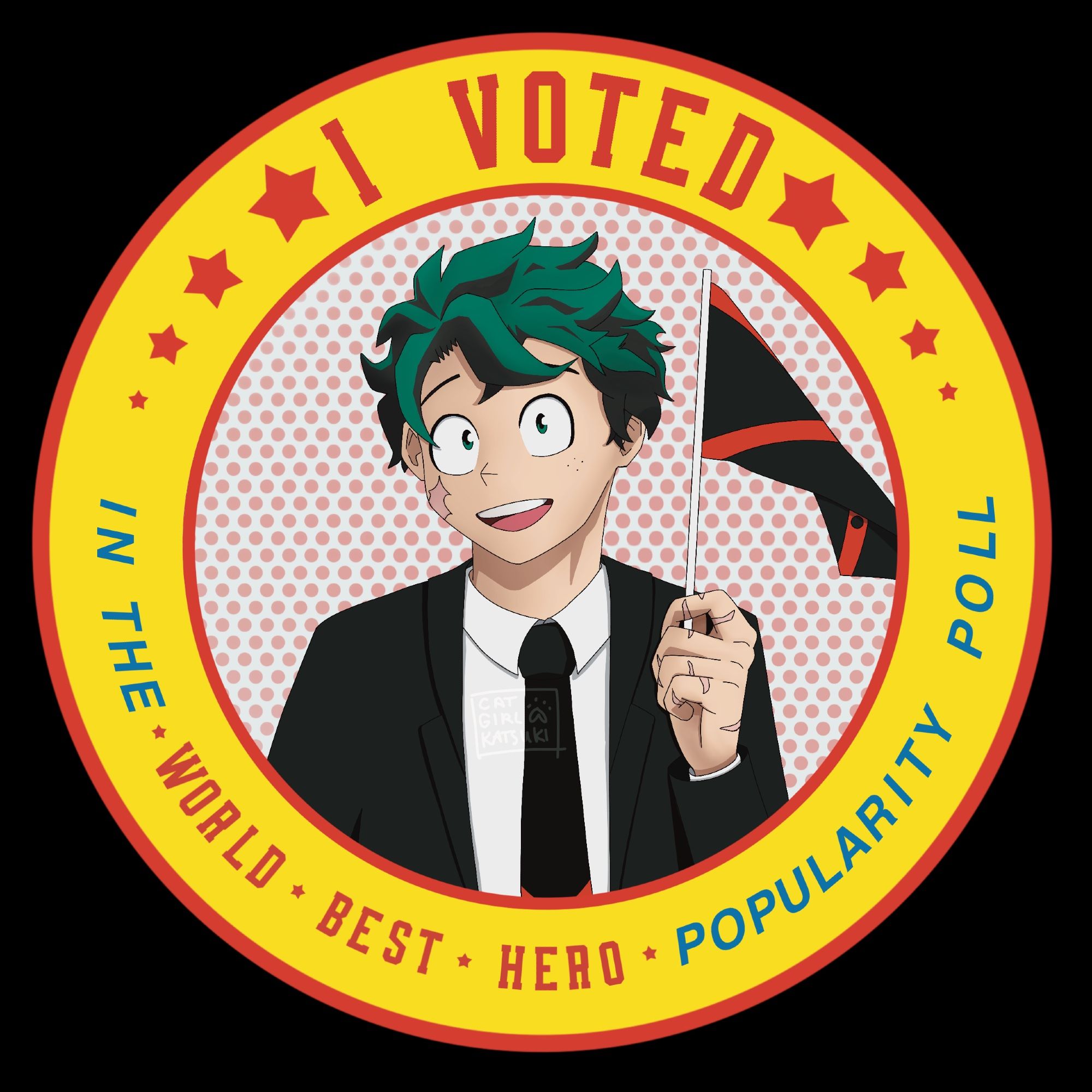 A digital drawing of Izuku Midoriya in a suit, waving a dynamight themed flag. A yellow circle around the drawing has text on that says “I voted in the world best hero popularity poll”