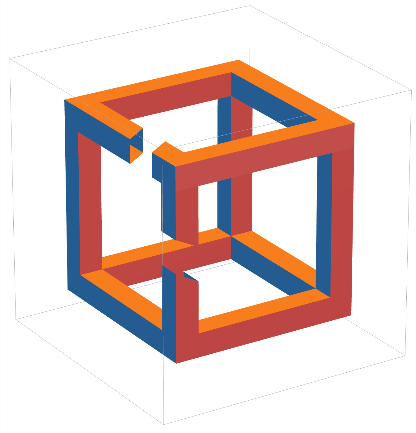 The "impossible cube" rotated slightly in 3D space, revealing a disconnect in the front edges of the cube, creating the illusion.