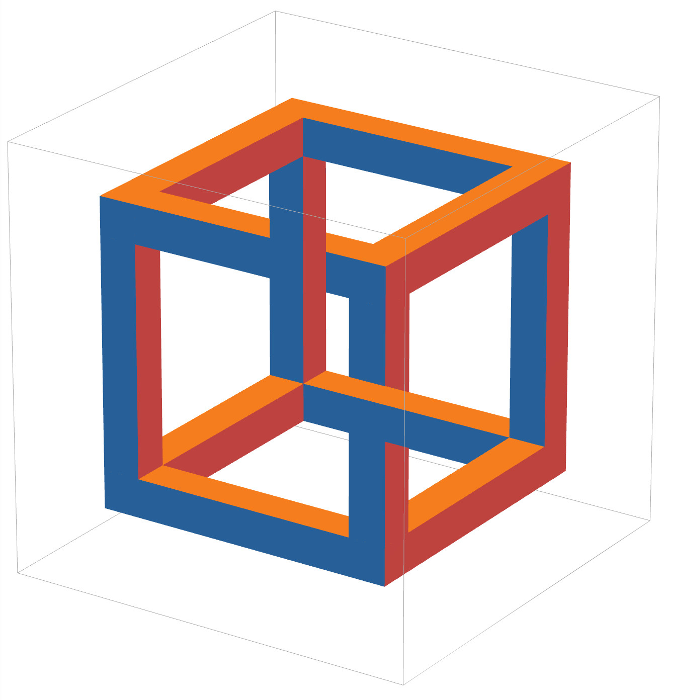 The "Impossible Cube", a two-dimensional figure that superficially resembles a perspective drawing of a three-dimensional cube, with its features drawn inconsistently from the way they would appear in an actual cube. (from Wikipedia)